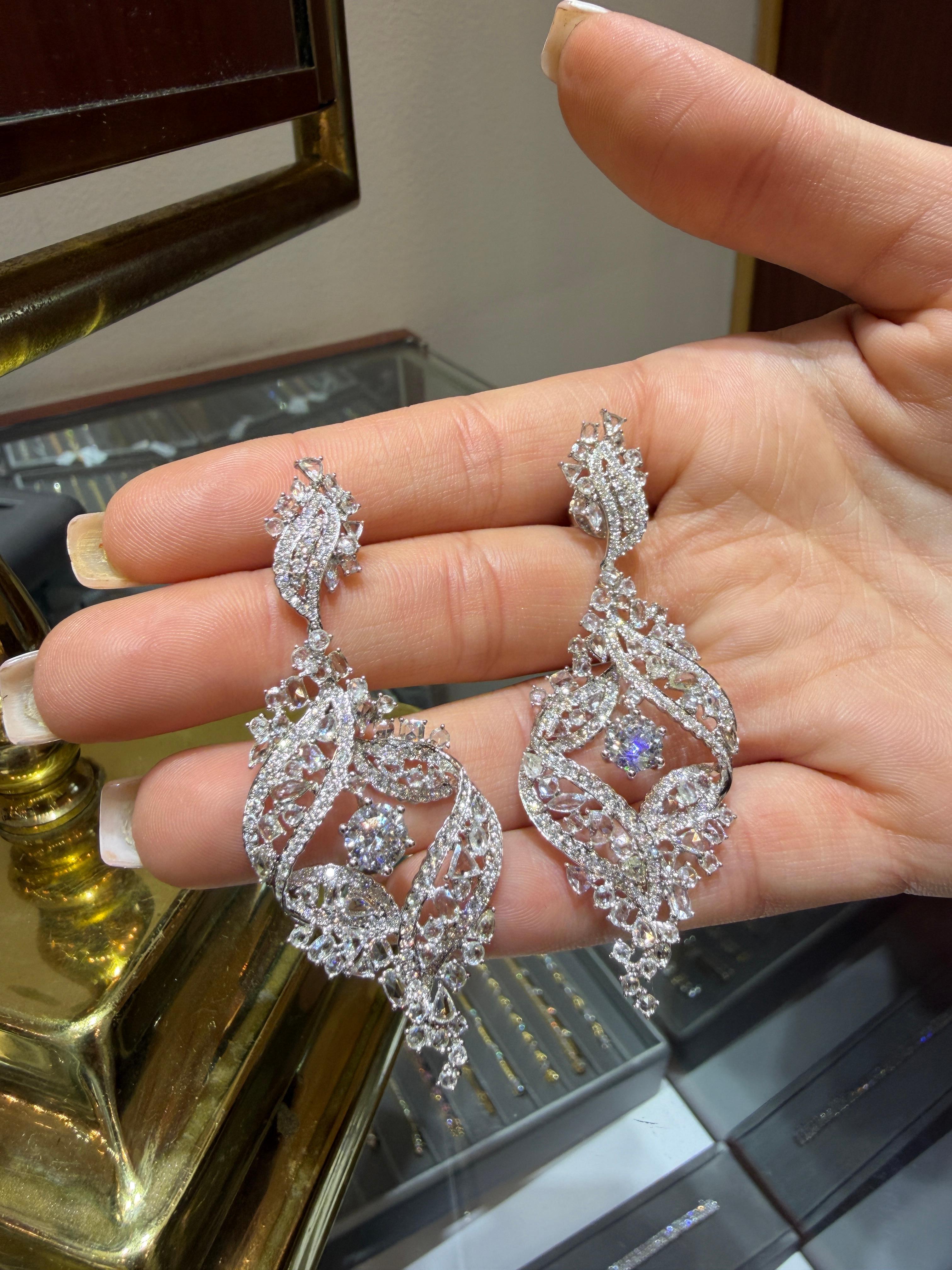 Bridal 18K White Gold Rose-Cut White Diamond Statement Chandelier Earring 7.95ct en venta 4