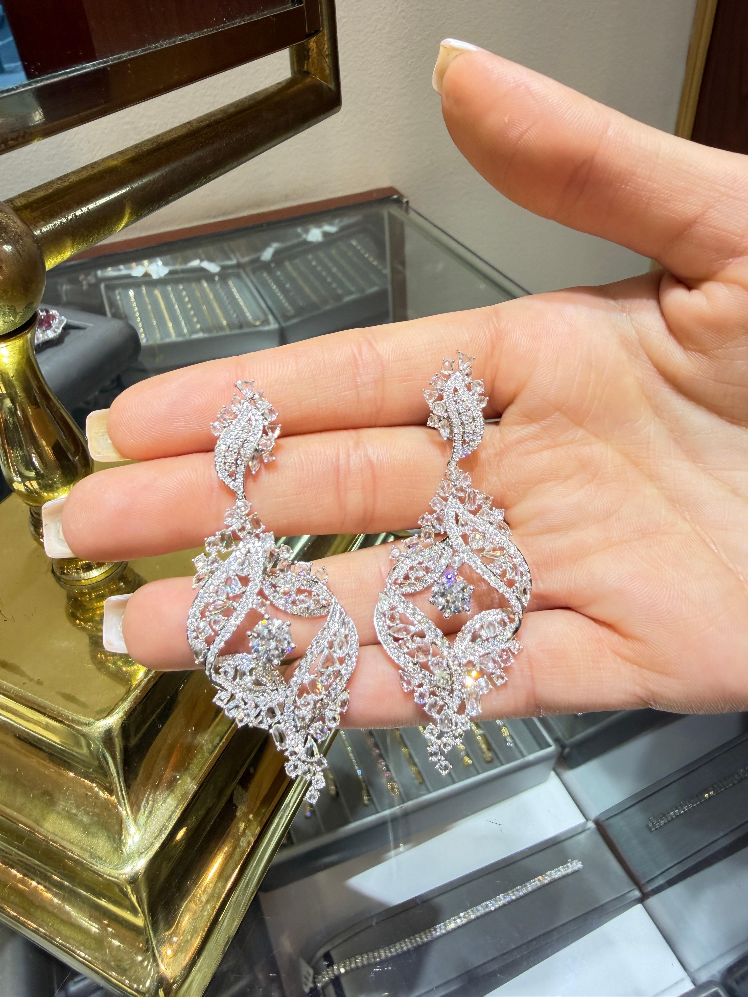 Bridal 18K White Gold Rose-Cut White Diamond Statement Chandelier Earring 7.95ct Contemporáneo en venta