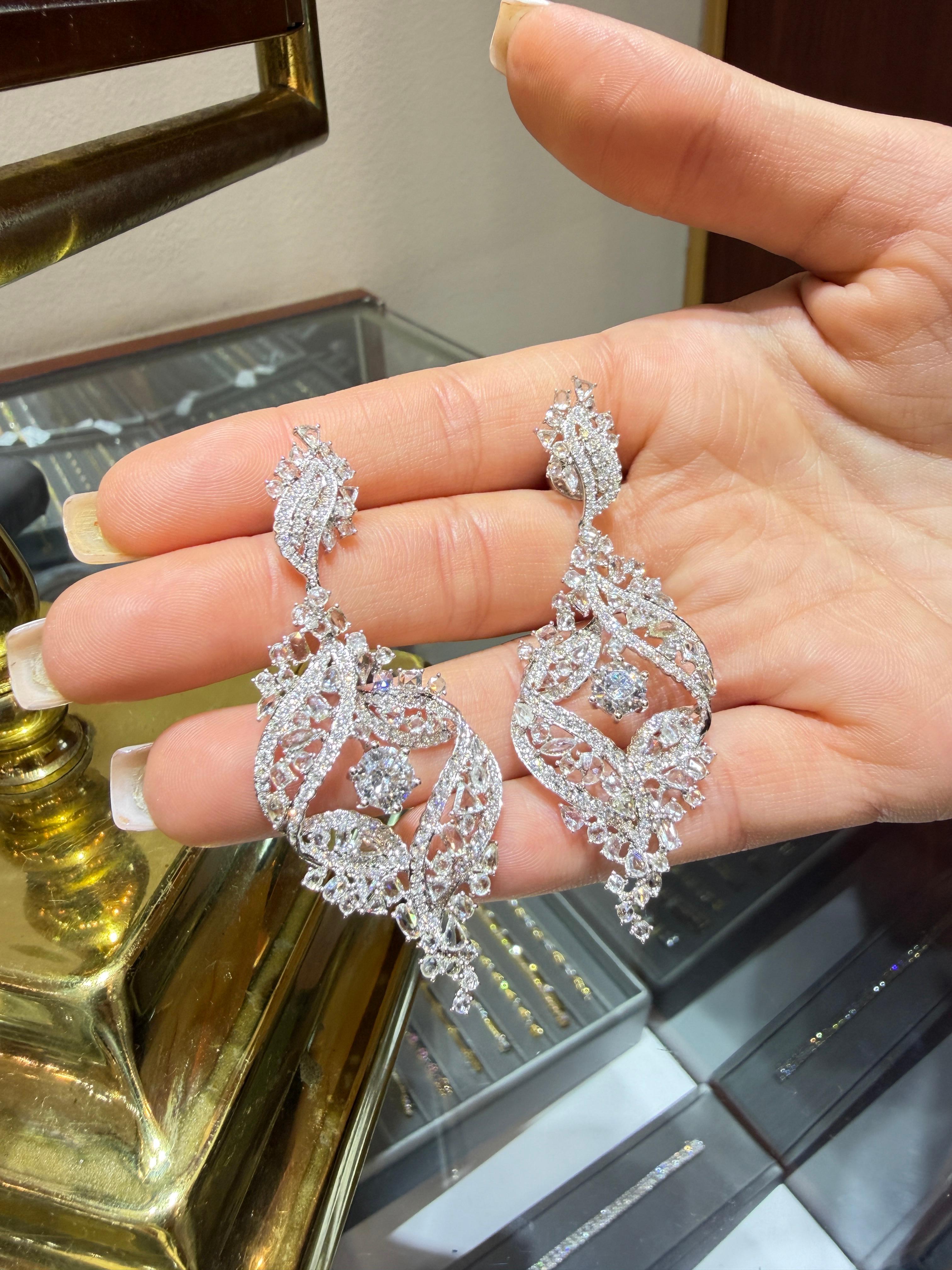 Bridal 18K White Gold Rose-Cut White Diamond Statement Chandelier Earring 7.95ct en Nuevo estado para la venta en Great Neck, NY