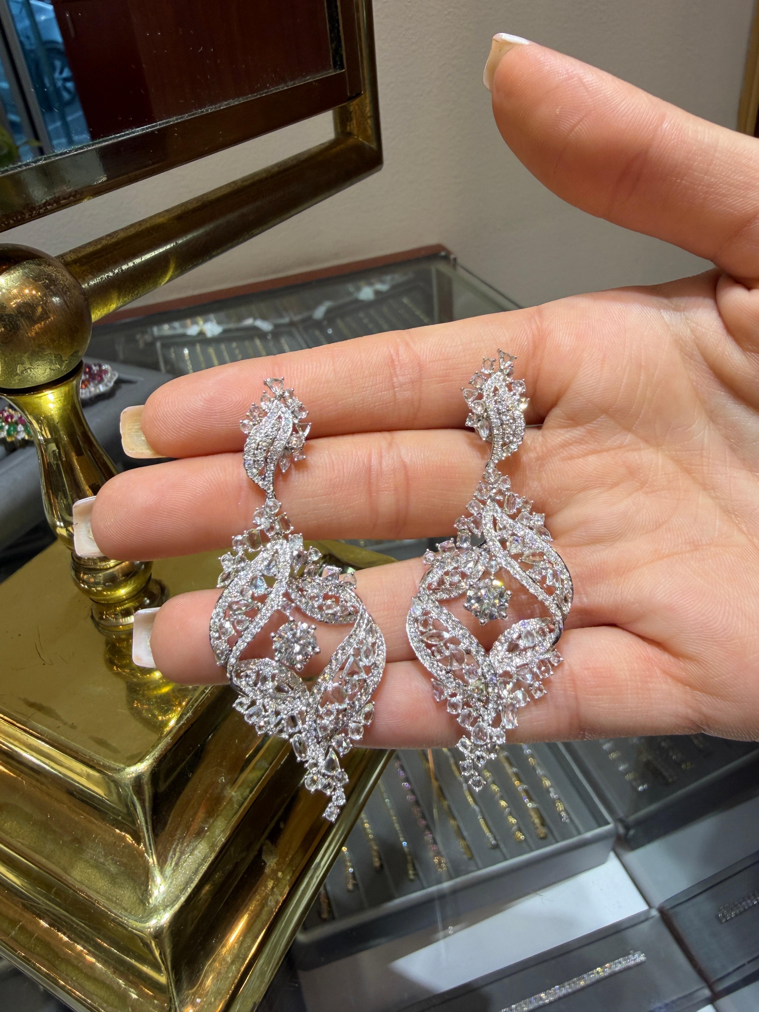 Bridal 18K White Gold Rose-Cut White Diamond Statement Chandelier Earring 7.95ct en venta 3