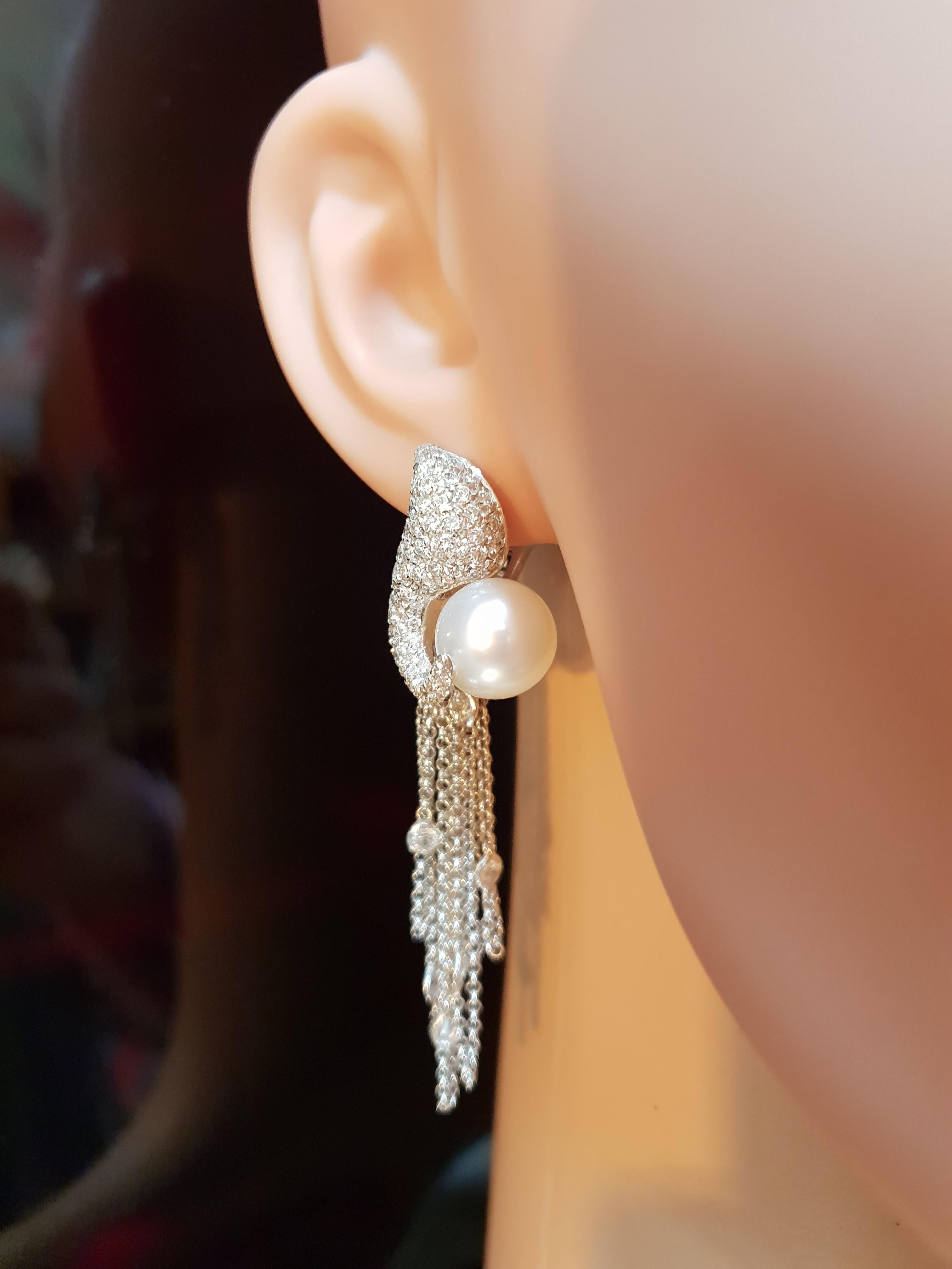 Brilliant Cut Bridal Australian Pearl 18k White Gold and Pavé Diamond Earrings For Sale