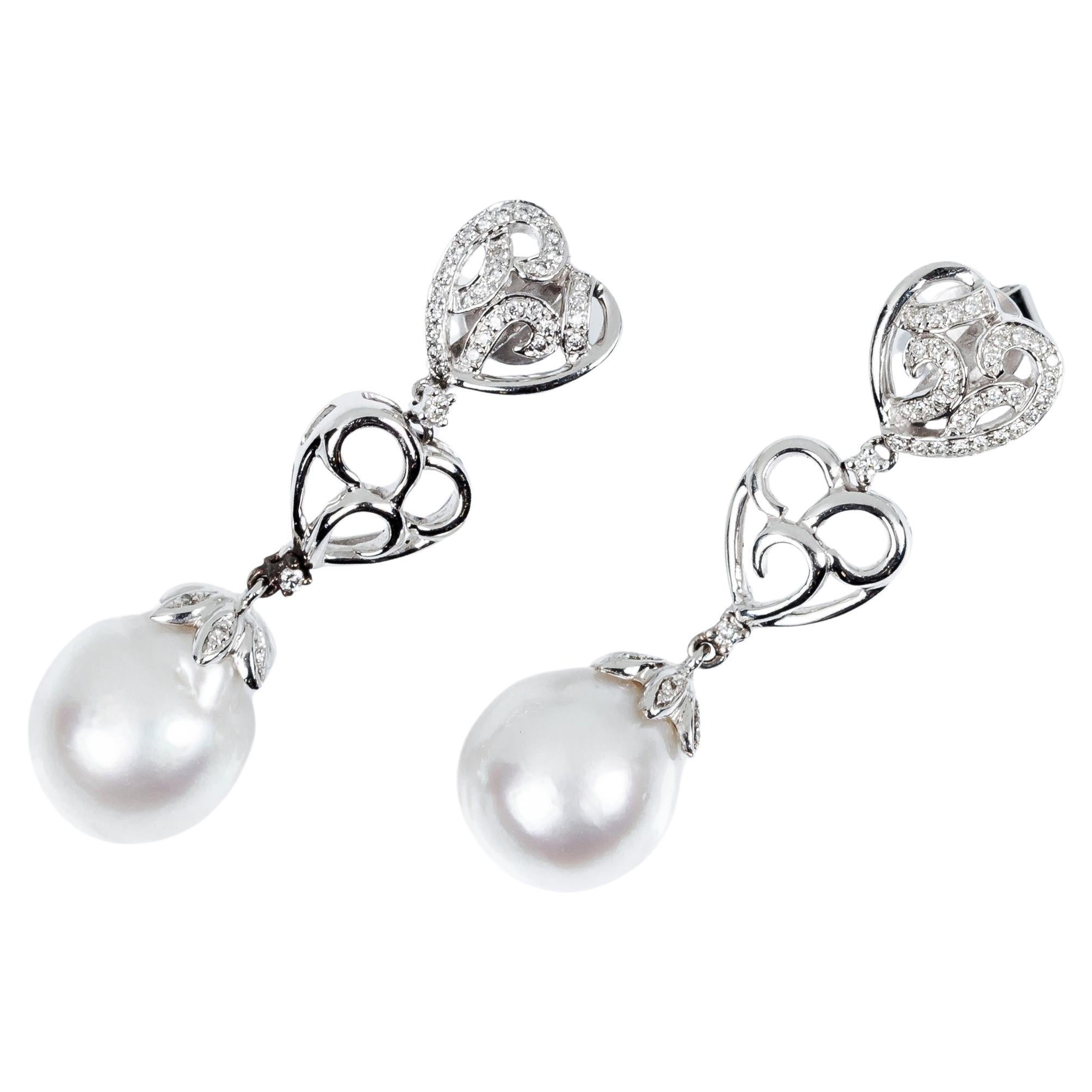 Bridal Australian Pearl 18k White Gold and Pavé Diamond Earrings For Sale