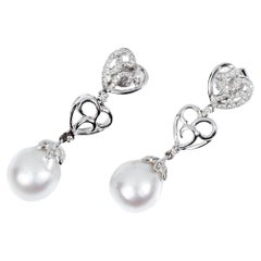 Boucles d'oreilles nuptiales en or blanc 18k et diamants pavés, perles d'Australie