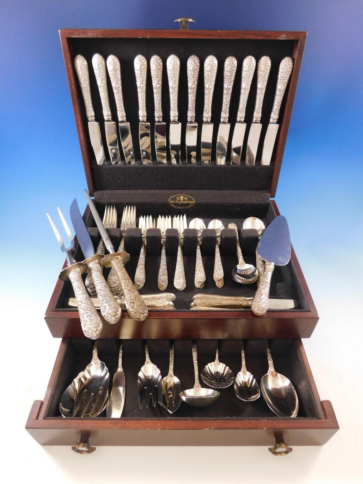 Dinner Size Bridal Bouquet by Alvin repoussed sterling silver Flatware set - 86 pieces.This set includes:

12 dinner size knives, 9 5/8