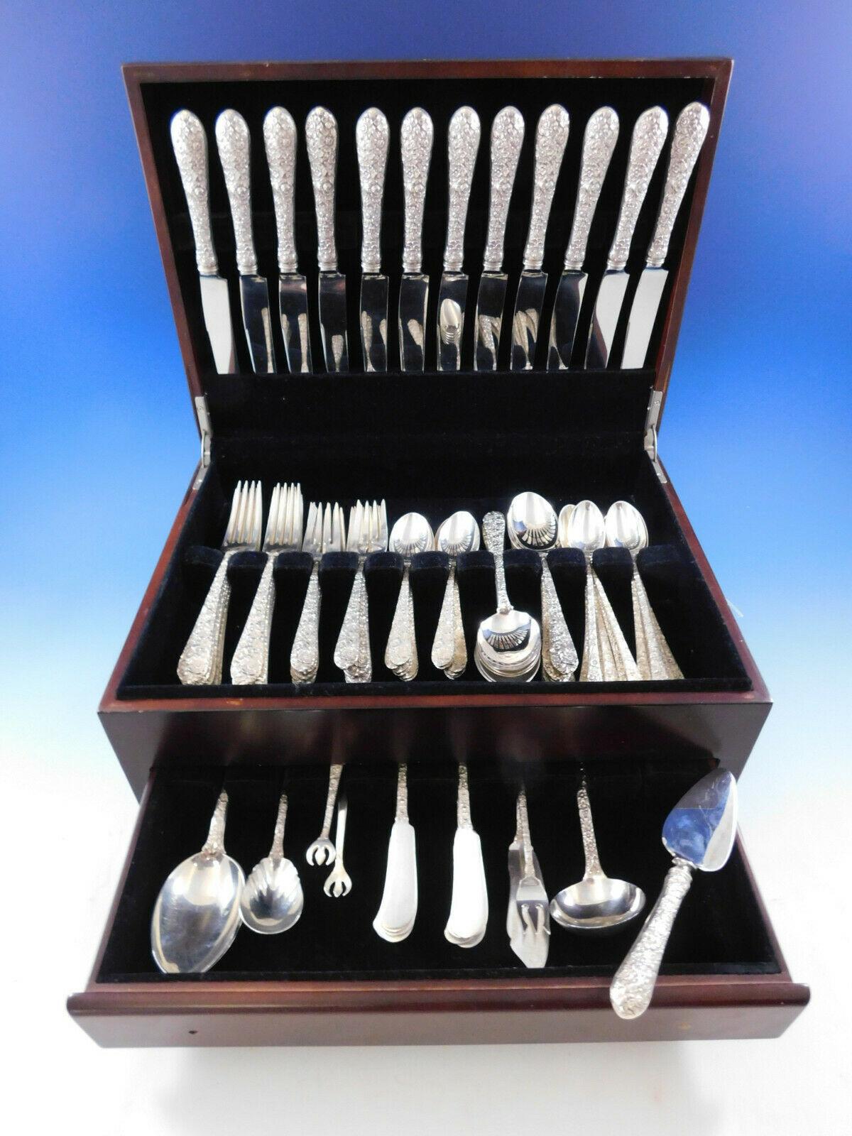 Exceptional dinner size bridal bouquet by Alvin circa 1932 floral repoussed sterling silver flatware set - 92 pieces. This set includes:

12 dinner size knives, 9 1/2