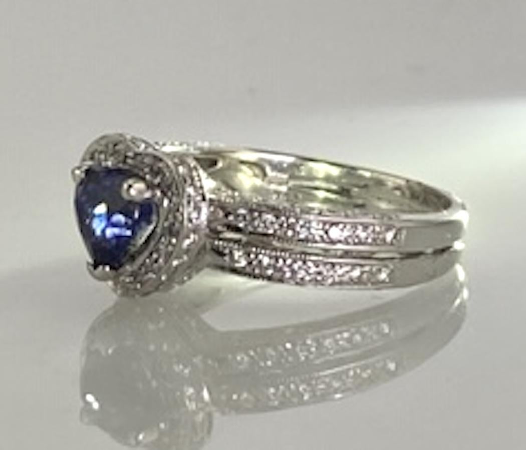 Heart Cut Bridal Heart shaped Sapphire 1.25 Carat and 1.45 Diamonds TW 18K WG 5.2 grams For Sale