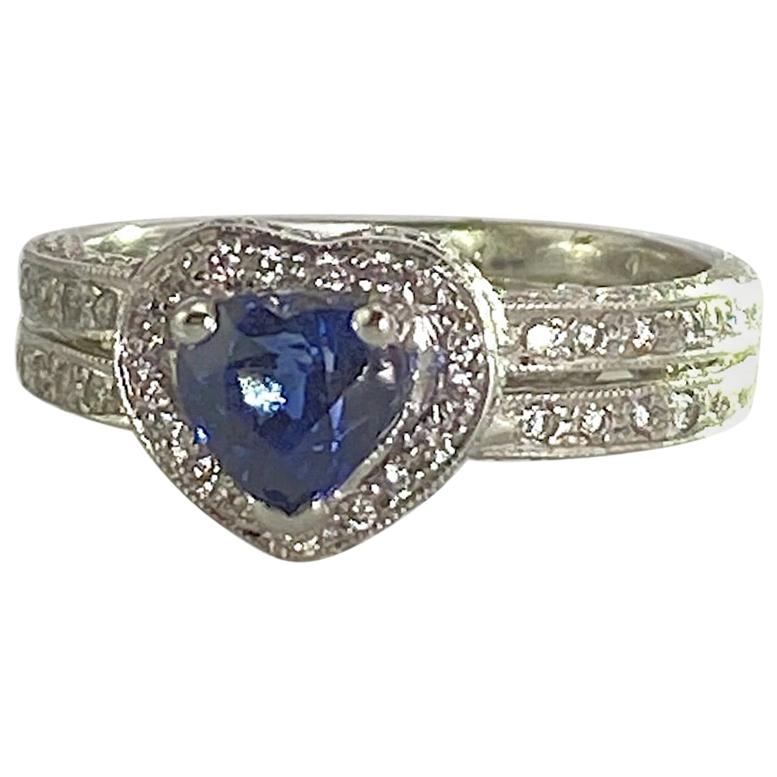 Bridal Heart shaped Sapphire 1.25 Carat and 1.45 Diamonds TW 18K WG 5.2 grams For Sale
