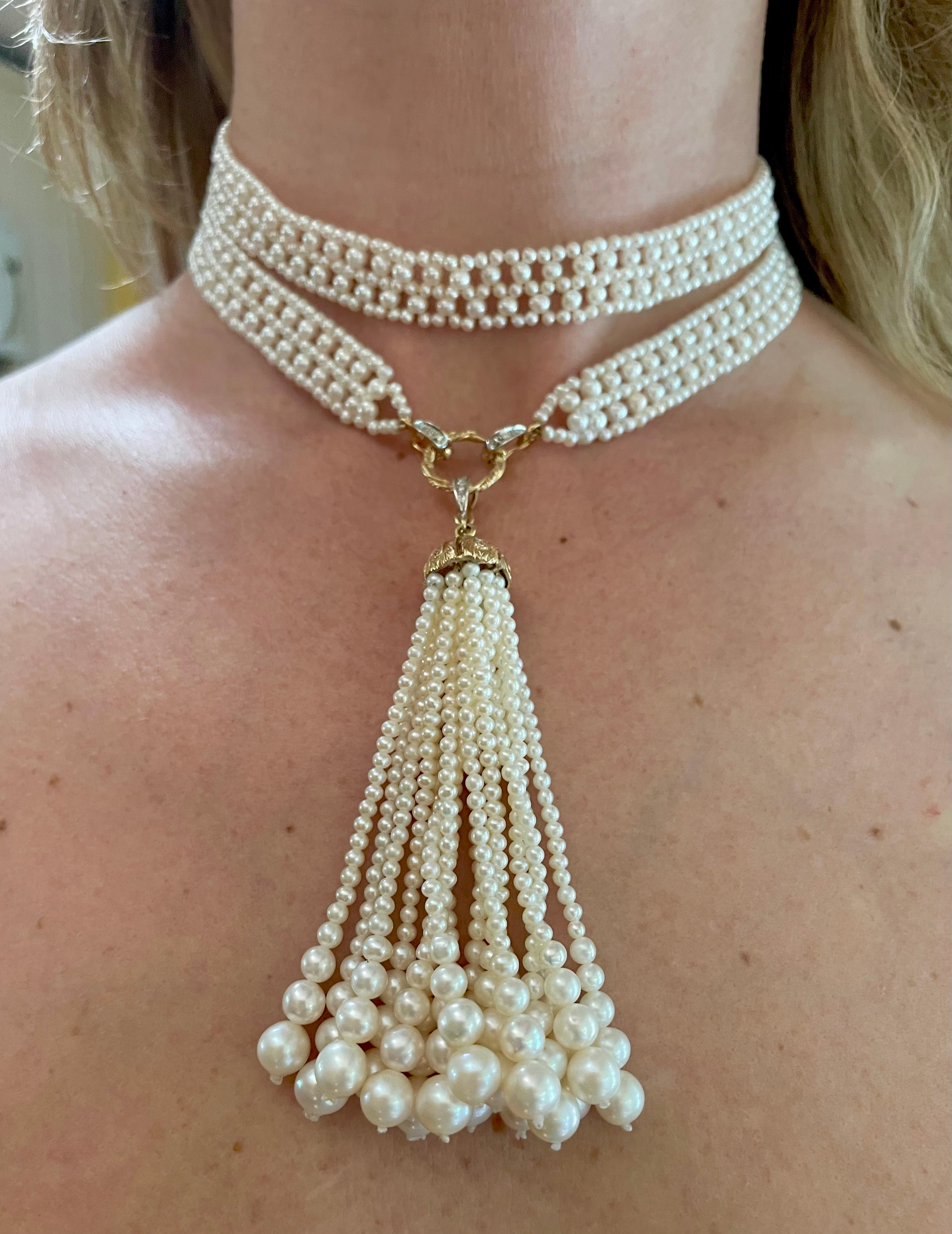 Artisan Lariat nuptial en perles / Sautoir avec diamants et or jaune 14k massif en vente