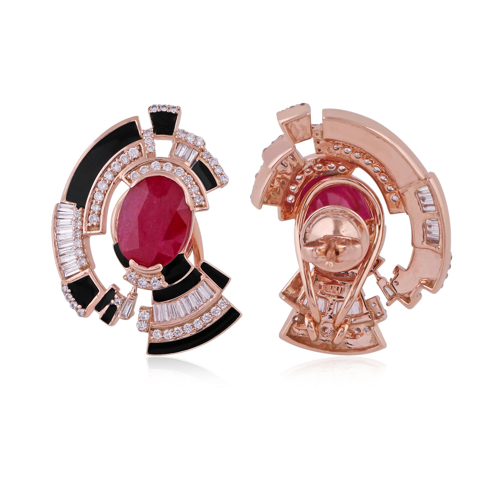 Taille ovale Bridal Ruby SI/H 5.56Ct Diamond Black Enamel Stud Ears Gift 14k Rose Gold en vente