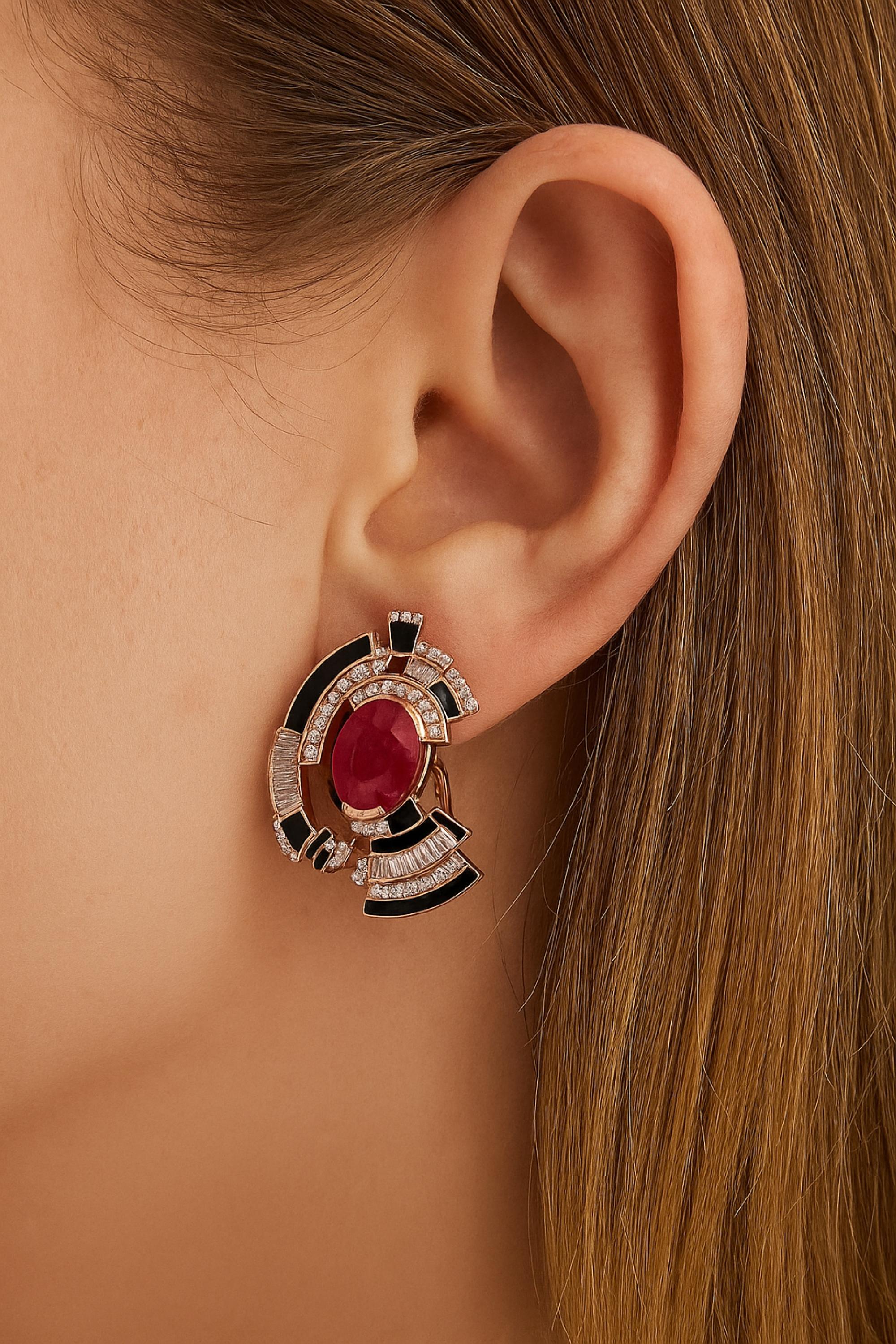 Bridal Ruby SI/H 5.56Ct Diamond Black Enamel Stud Ears Gift 18k Rose Gold
Les boucles d'oreilles sont ornées d'un rubis ovale au centre, symbolisant la passion, la force et l'amour. Le rubis est entouré d'un arrangement exquis de diamants ronds et