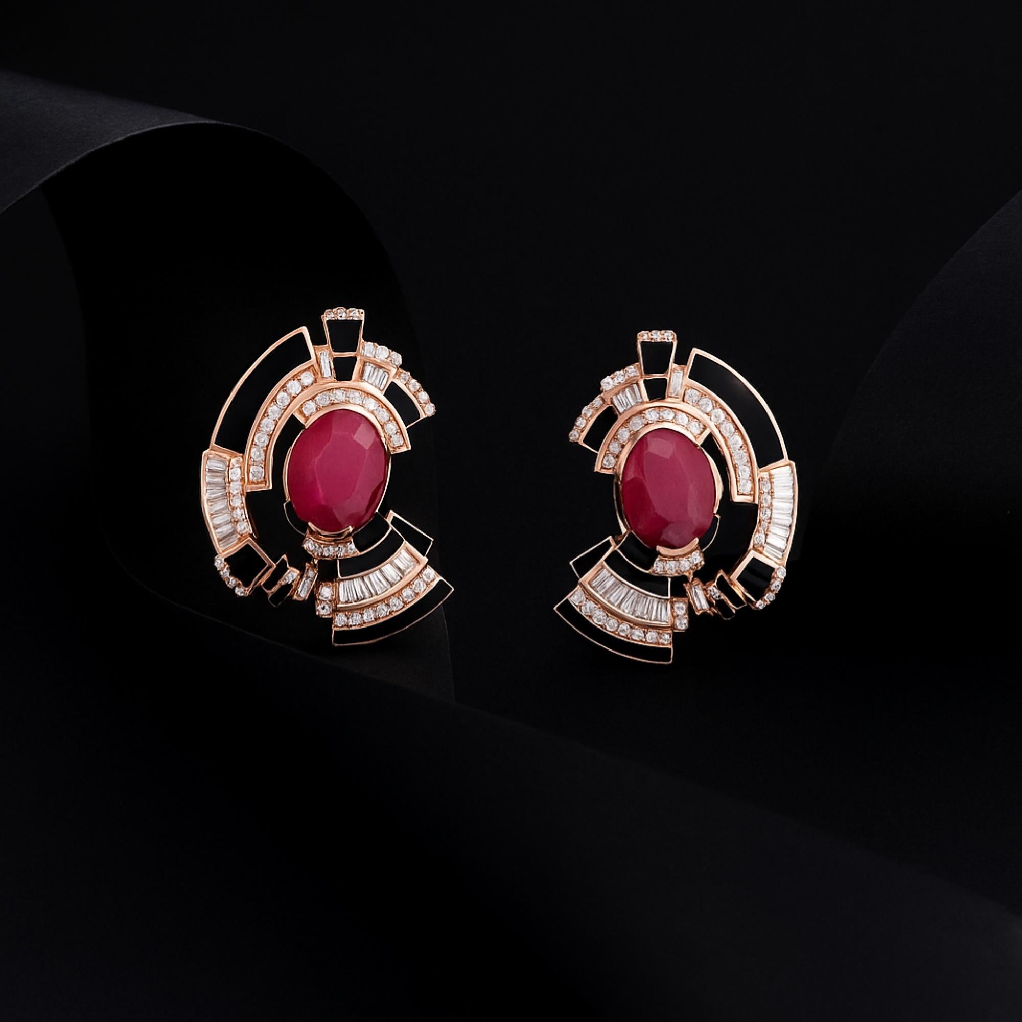 Bridal Ruby SI/H 5.56Ct Diamond Black Enamel Stud Ears Gift 18k Rose Gold Neuf - En vente à Diera, Dubai