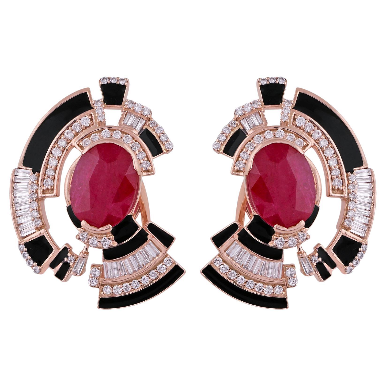 Bridal Ruby SI/H 5.56Ct Diamond Black Enamel Stud Ears Gift 18k Rose Gold