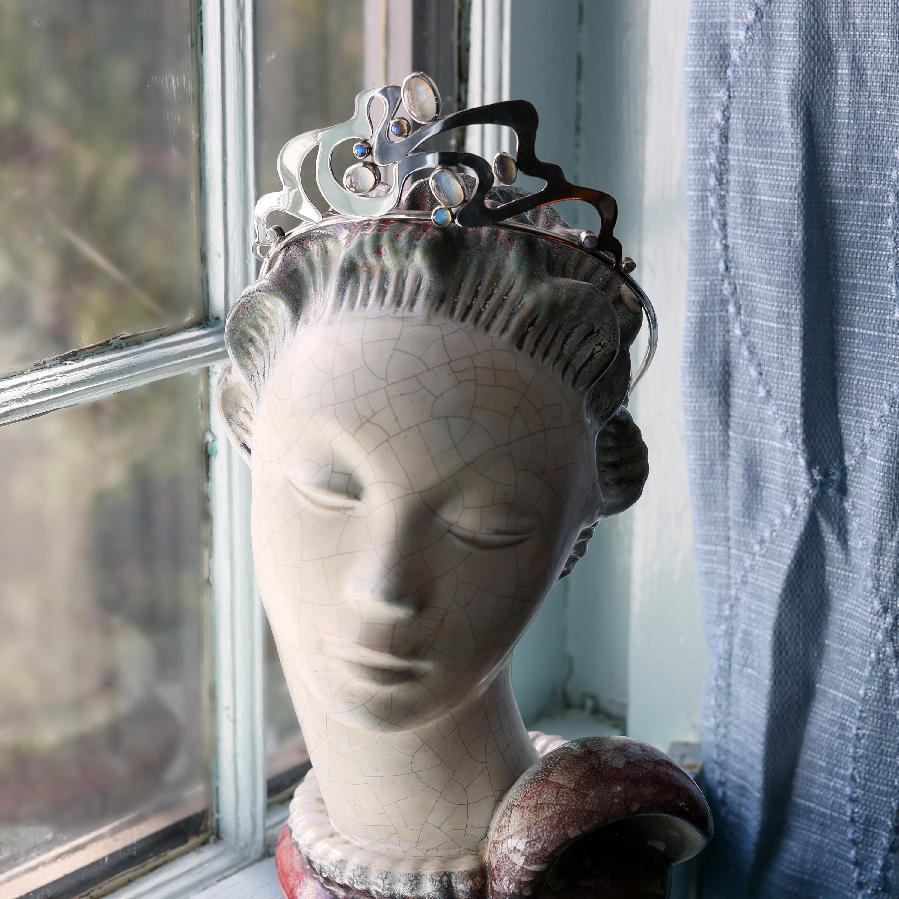 Braut Tiara Art Nouveau Silber und Mondstein 4