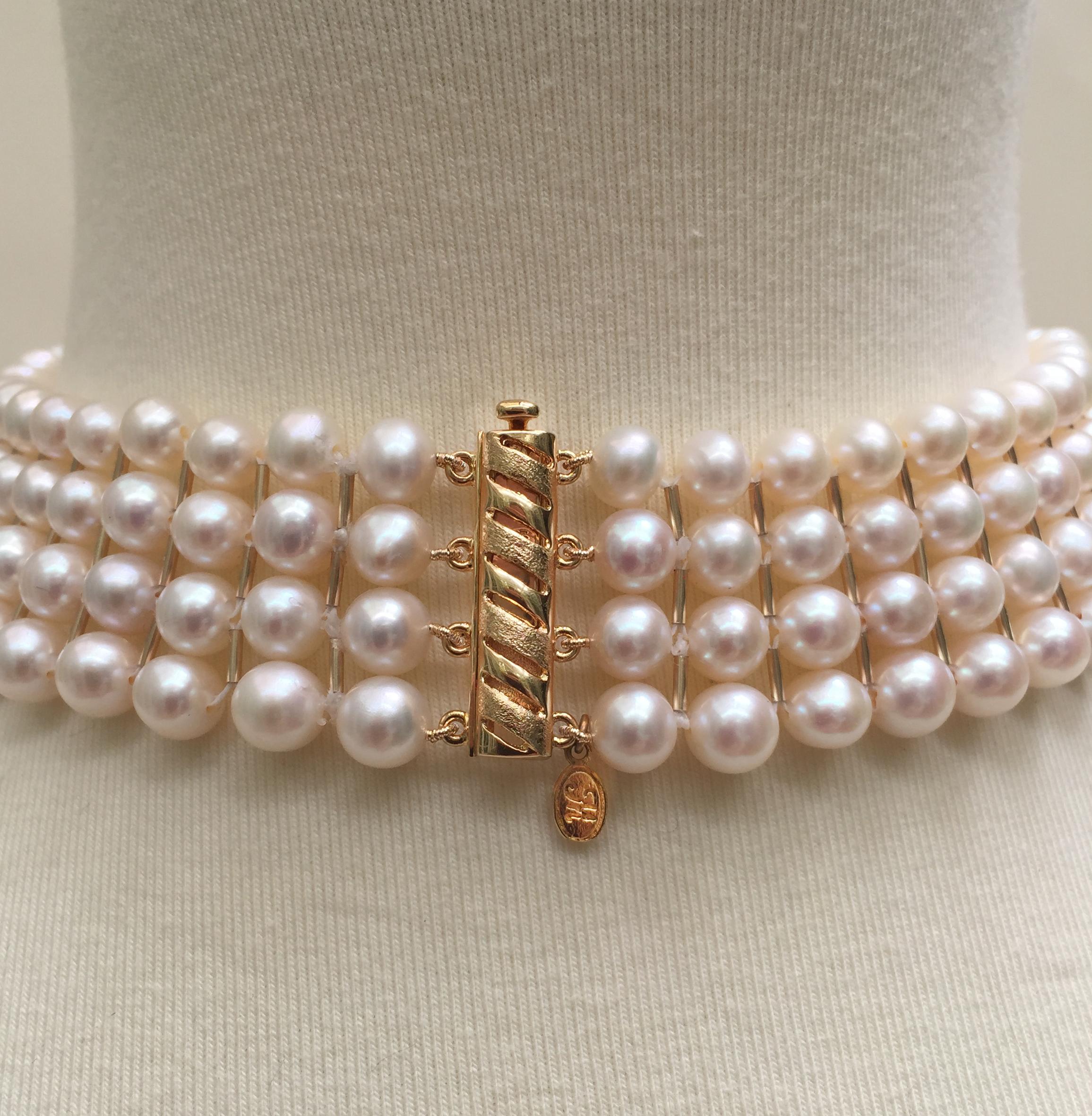 This woven white pearl choker with silver gold plated rods and sliding clasp is handwoven by Marina J.  A slight curve is added to the necklace to fit the curve of the natural neckline, adding a sense of grace to this already beautiful choker.  Each