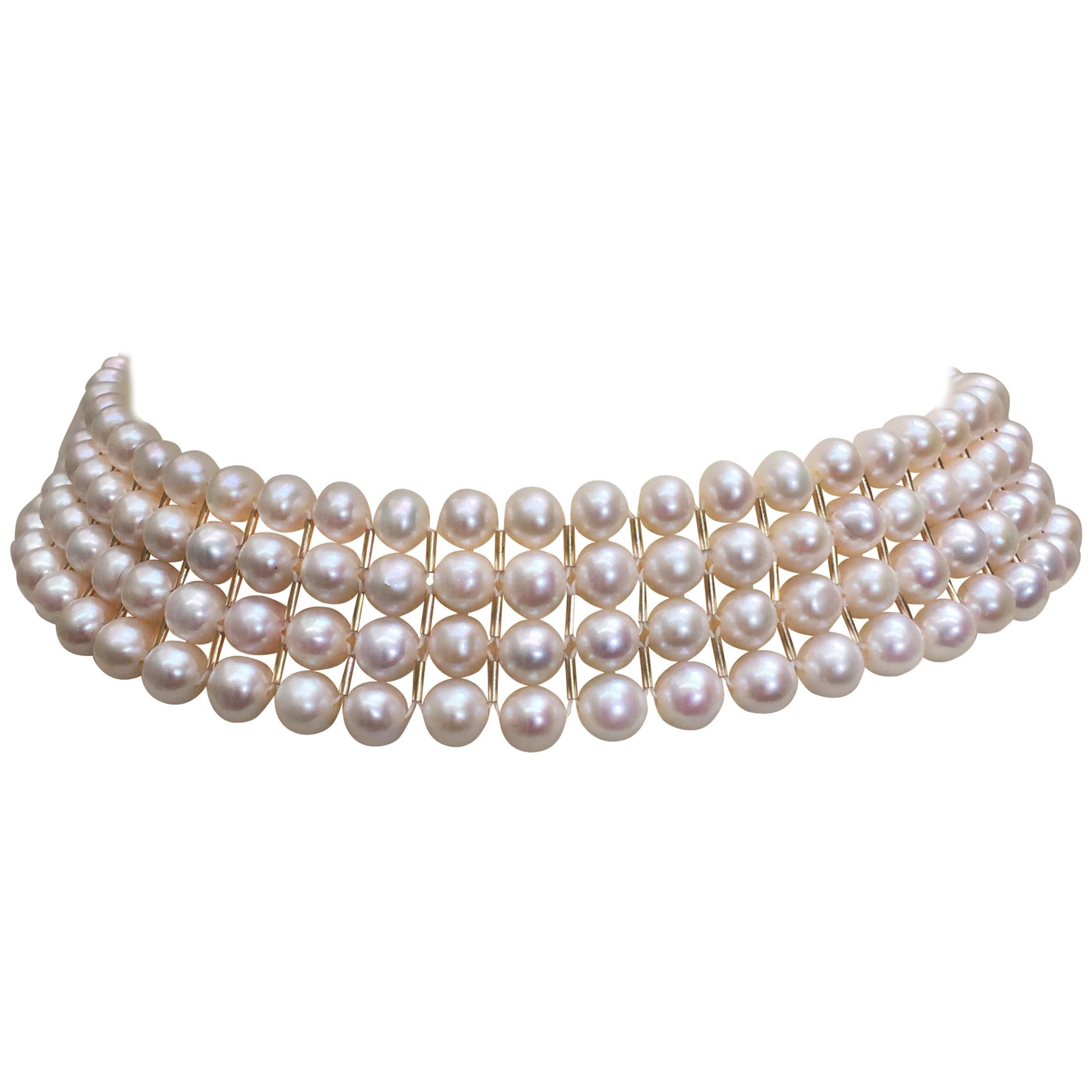 Marina J Bridal Woven White Pearl Choker with secure sliding clasp