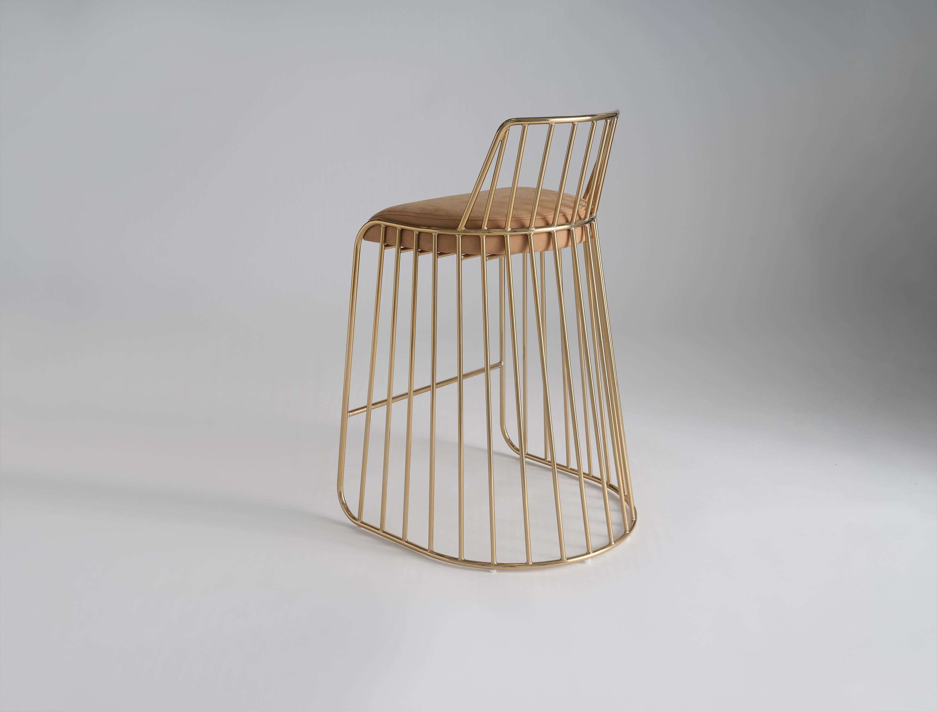 Bride’s Veil Counter Stool With Back by Phase Design
Dimensions: D 52,1 x W 53,3 x H 83,8 cm.
Materials: Upholstery, steel and smoked brass.

Solid steel bar available in a smoked brass, polished chrome, burnt copper, or powder coat finish with