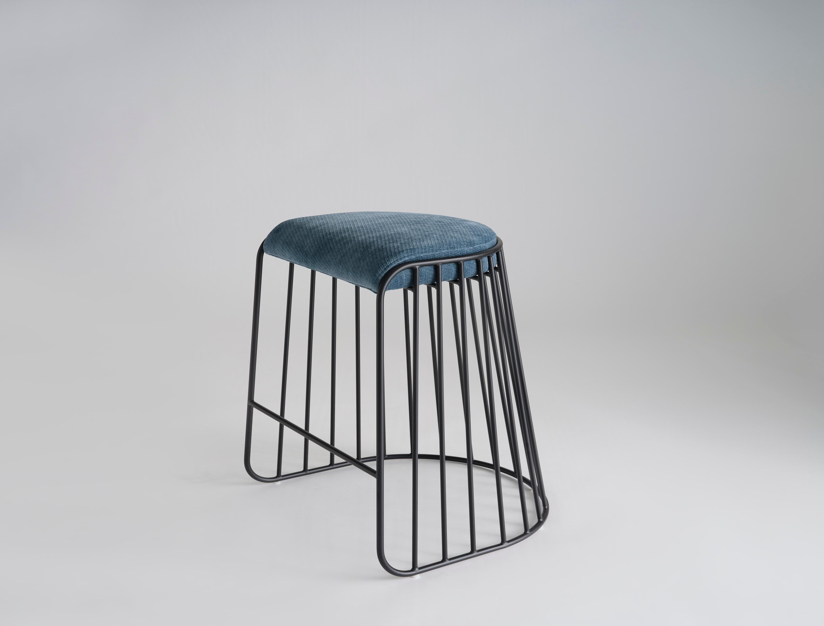 Bride’s Veil Counter Stool by Phase Design
Dimensions: D 52,1 x W 53,3 x H 63,5 cm.
Materials: Upholstery and powder-coated steel.

Solid steel bar available in a smoked brass, polished chrome, burnt copper, or powder coat finish with upholstered