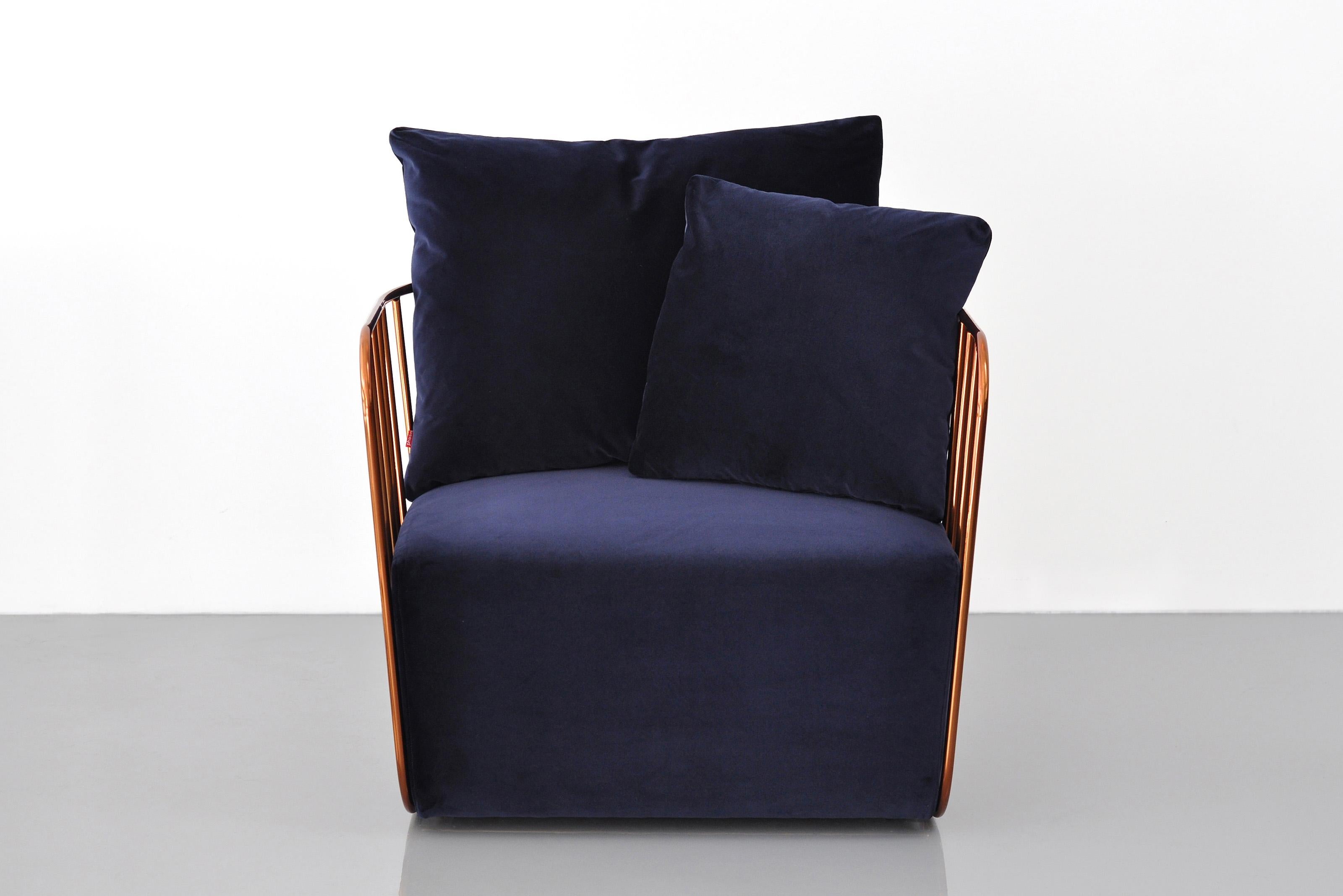 The Bride’s Veil Lounge Chair and Love’s unique language is meant as a graceful alternative to the archetypal upholstered armchair. The strikingly elegant metal base is available in smoked brass, polished chrome, burnt copper, or powder coat