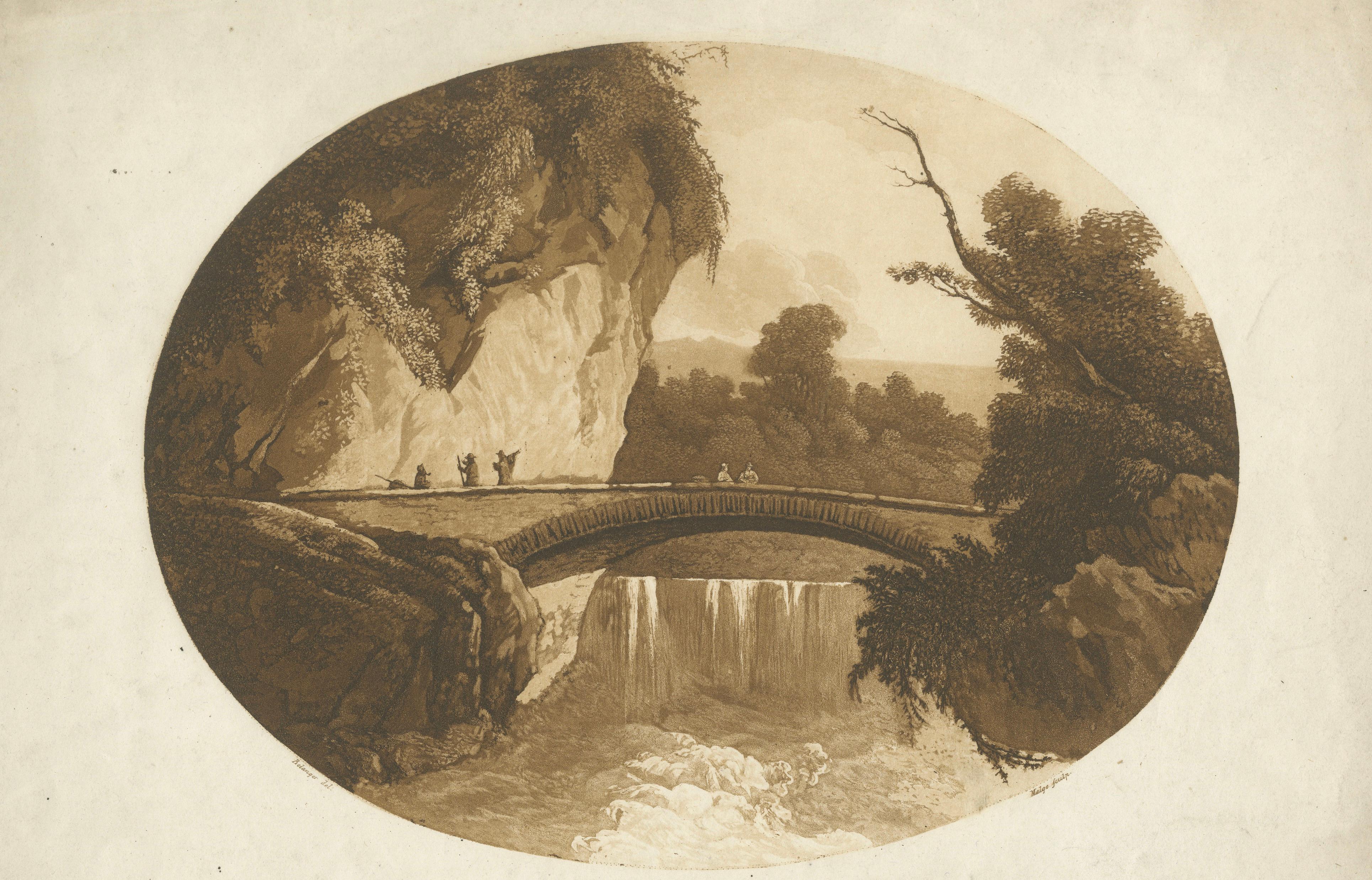 Bridge and Waterfall at Tivoli, Italy — Grand Tour Engraving c.1800