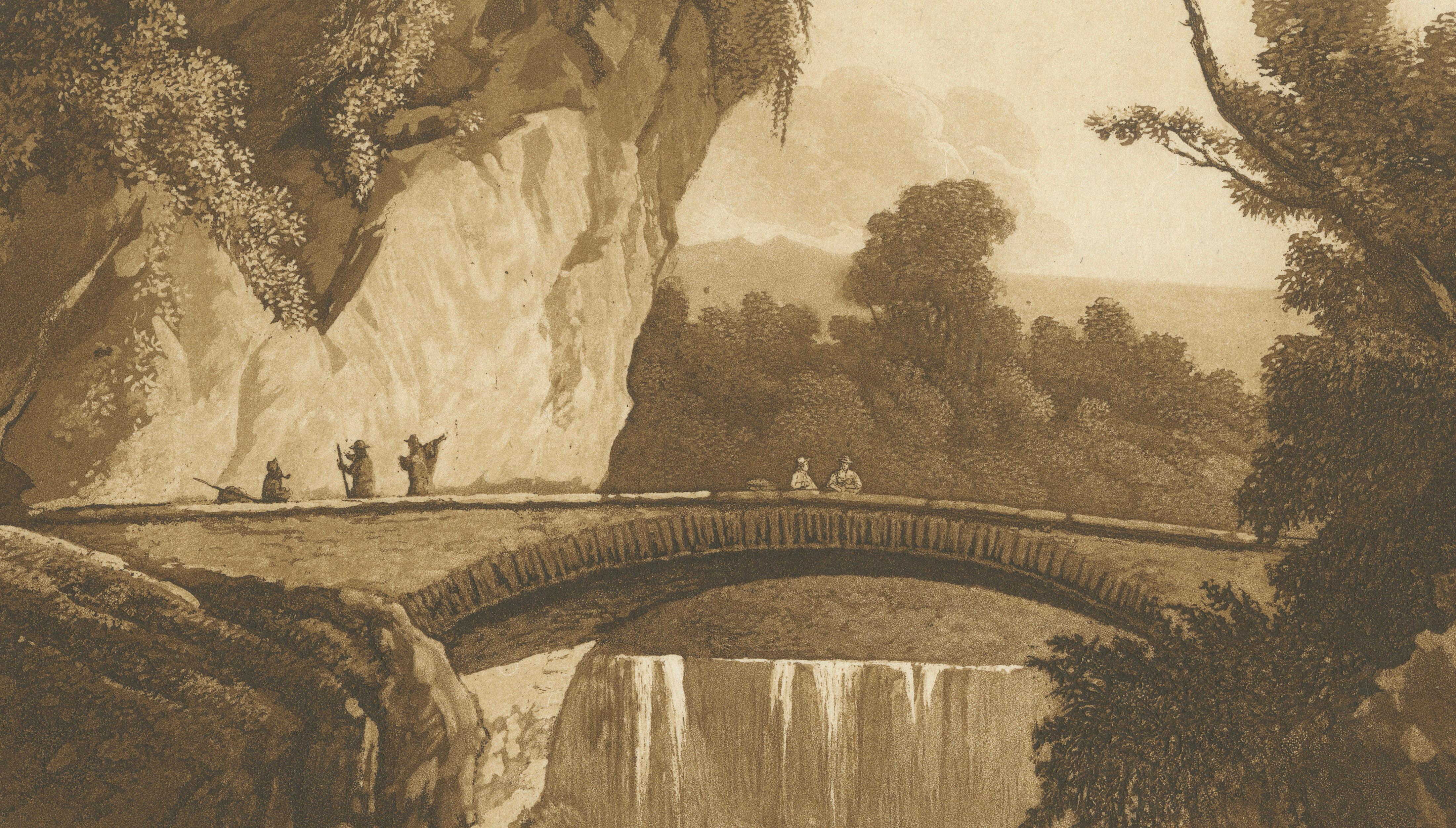Bridge and Waterfall at Tivoli, Italy — Grand Tour Engraving c.1800