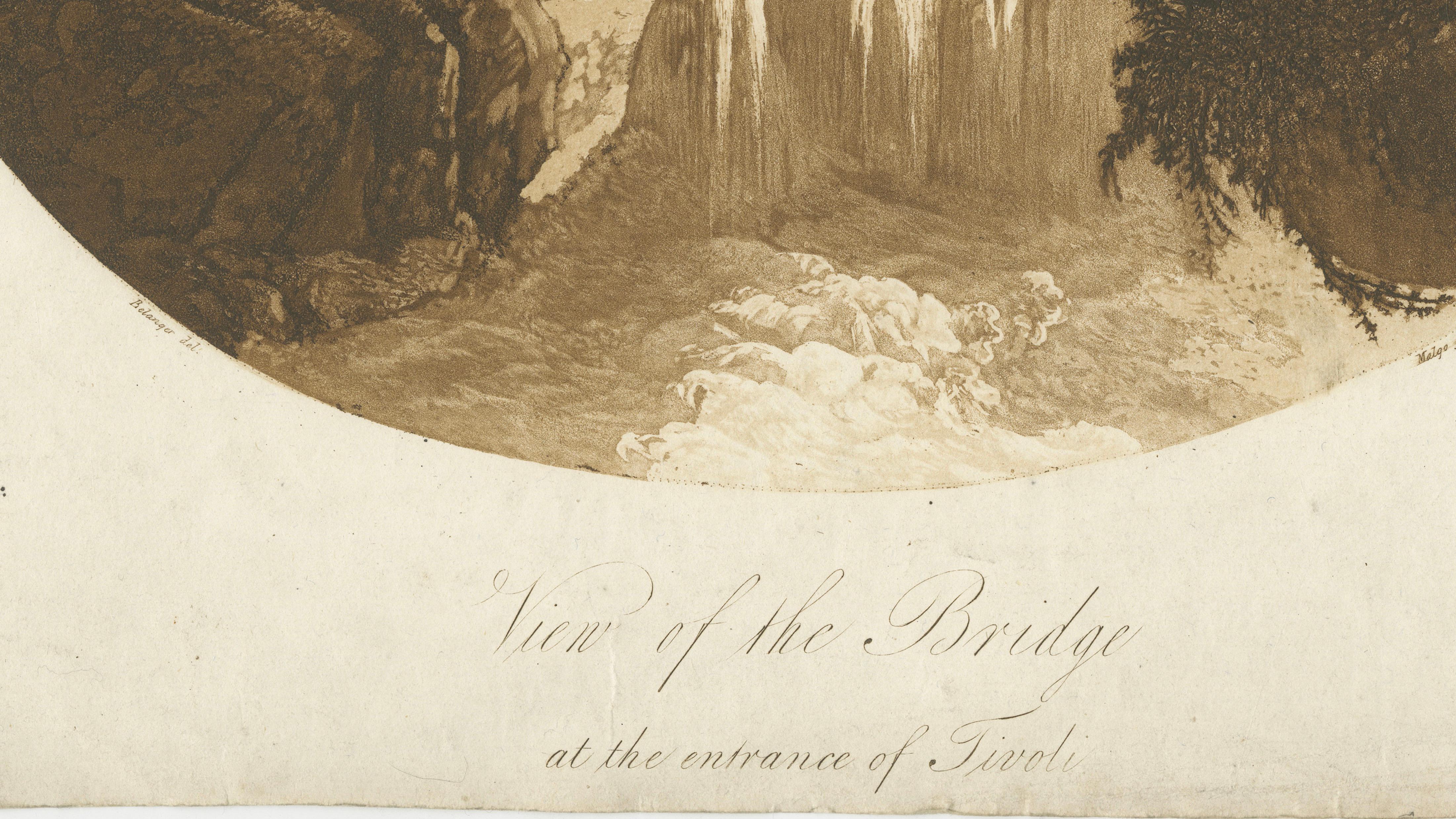 Bridge and Waterfall at Tivoli, Italy — Grand Tour Engraving c.1800