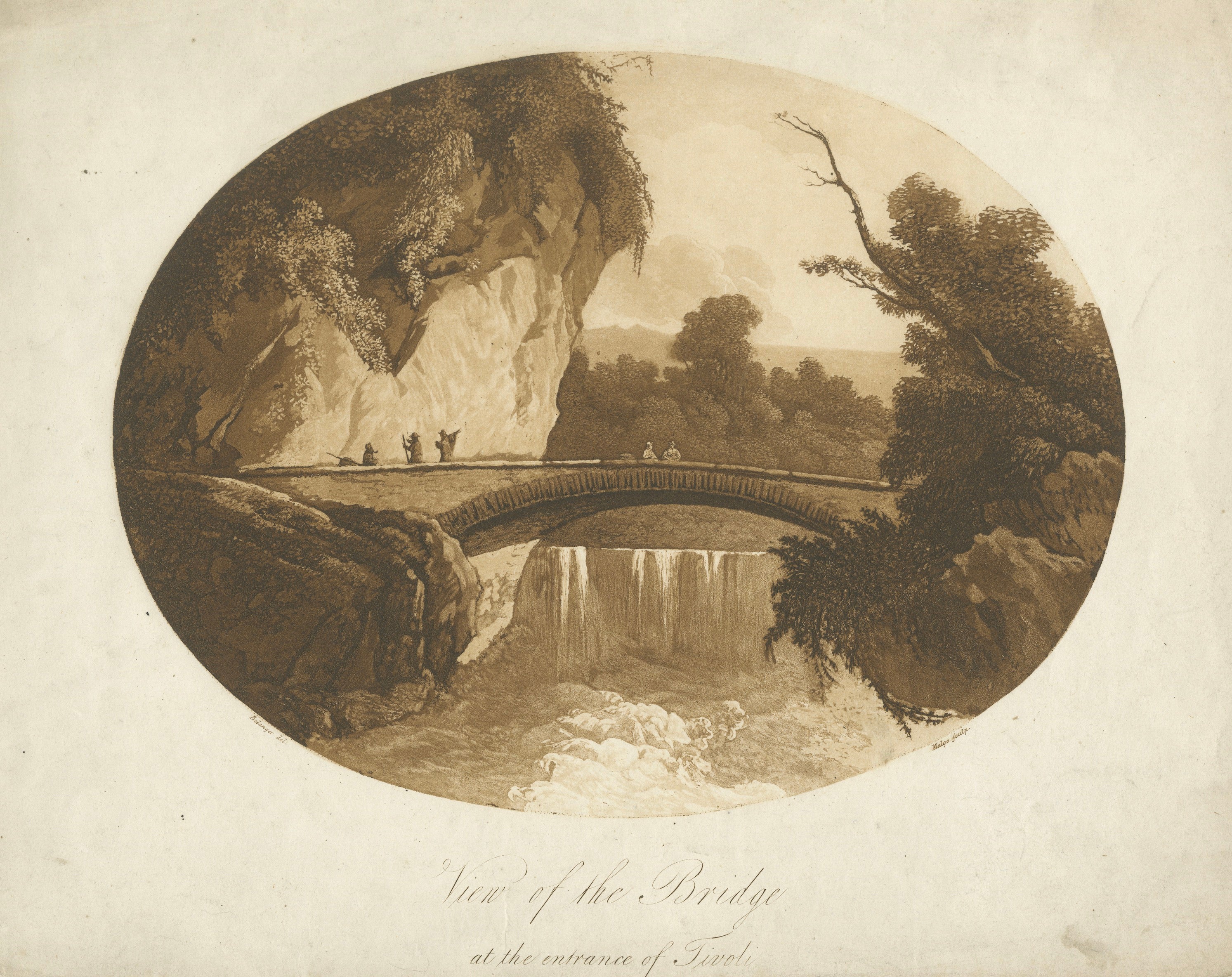 Bridge and Waterfall at Tivoli, Italy — Grand Tour Engraving c.1800