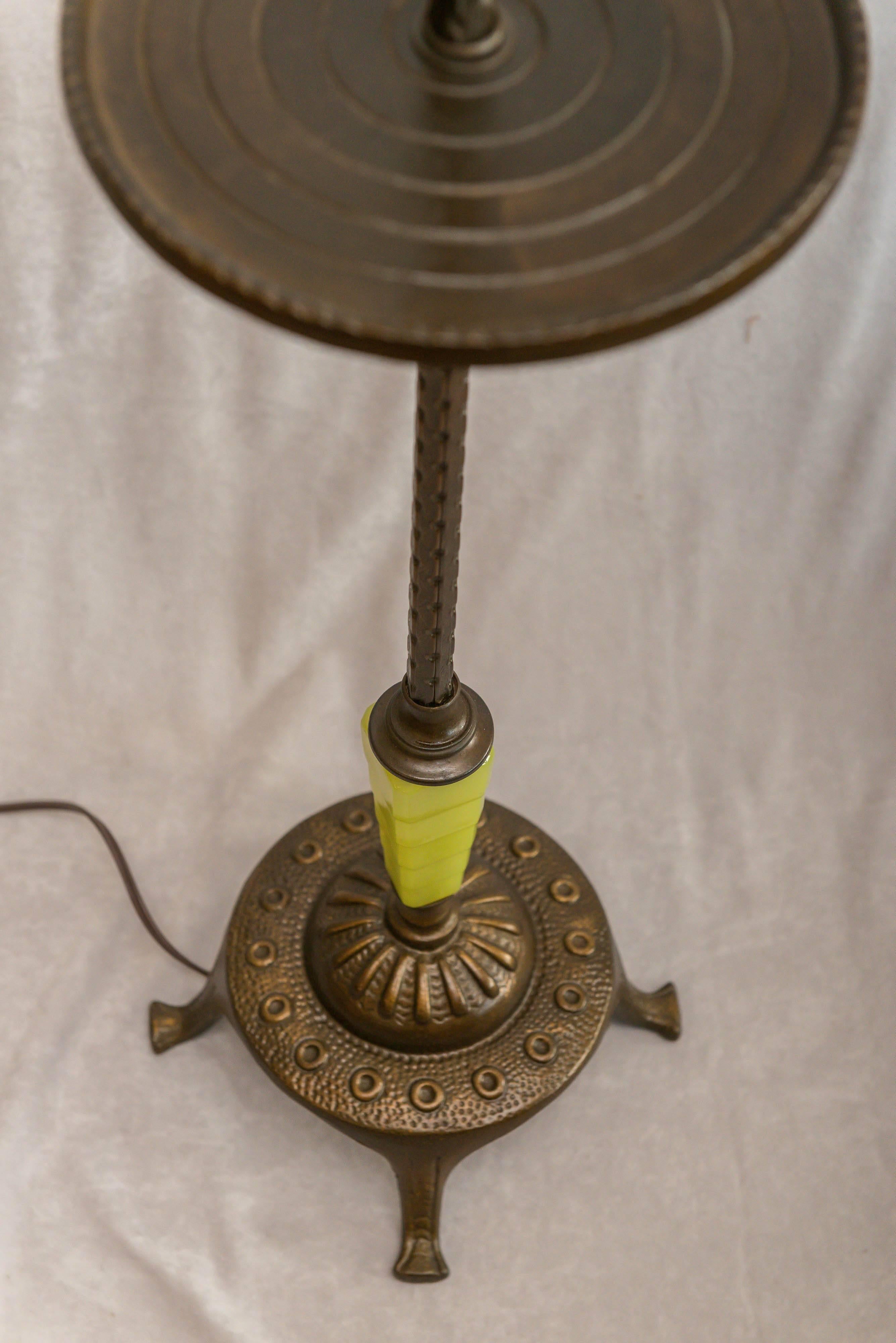 Hand-Crafted Bridge Lamp with Vaseline Glass Components and a Vaseline Glass Shade