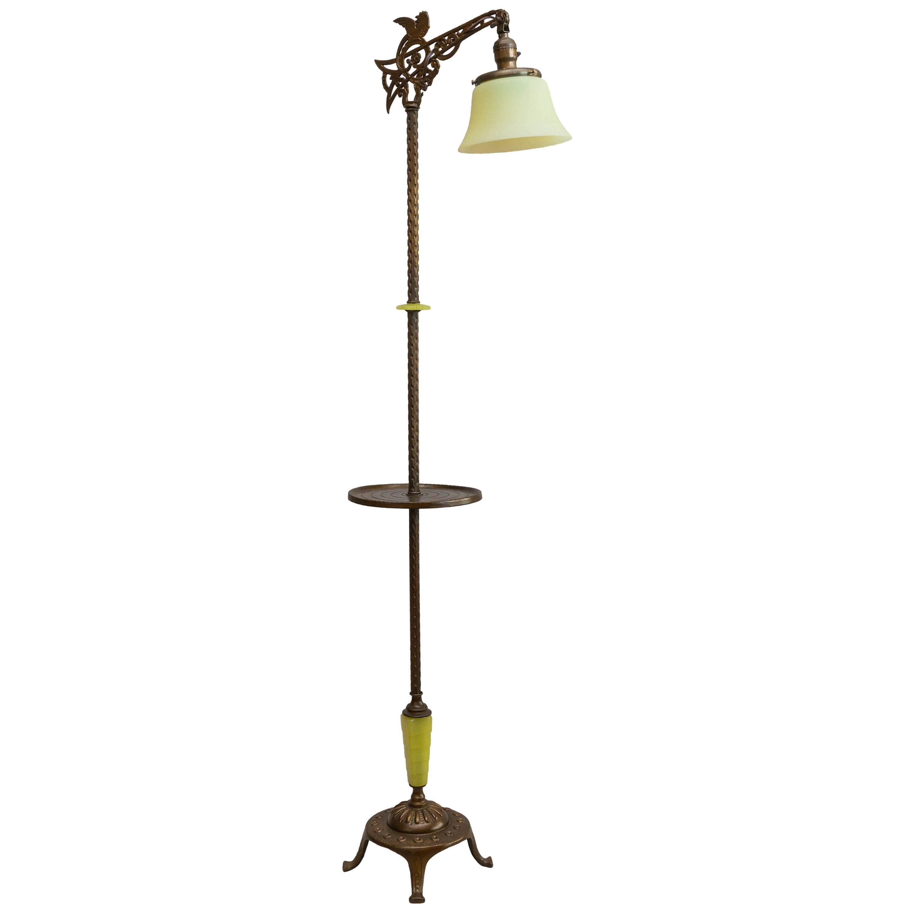Bridge Lamp with Vaseline Glass Components and a Vaseline Glass Shade