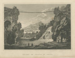 Bridge of Chains in China, Suspension Bridge, Antique Engraving, circa 1820