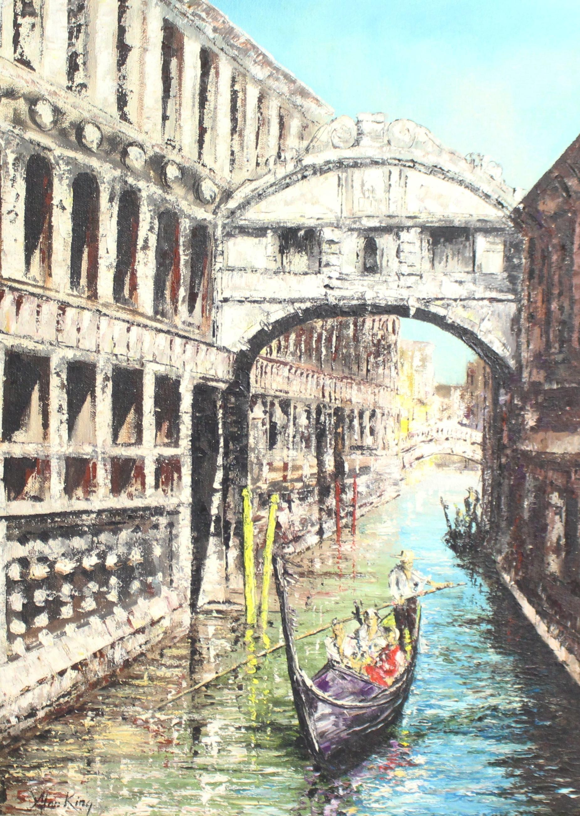 European Bridge of Sighs Venice by Alan King Oil on Board For Sale
