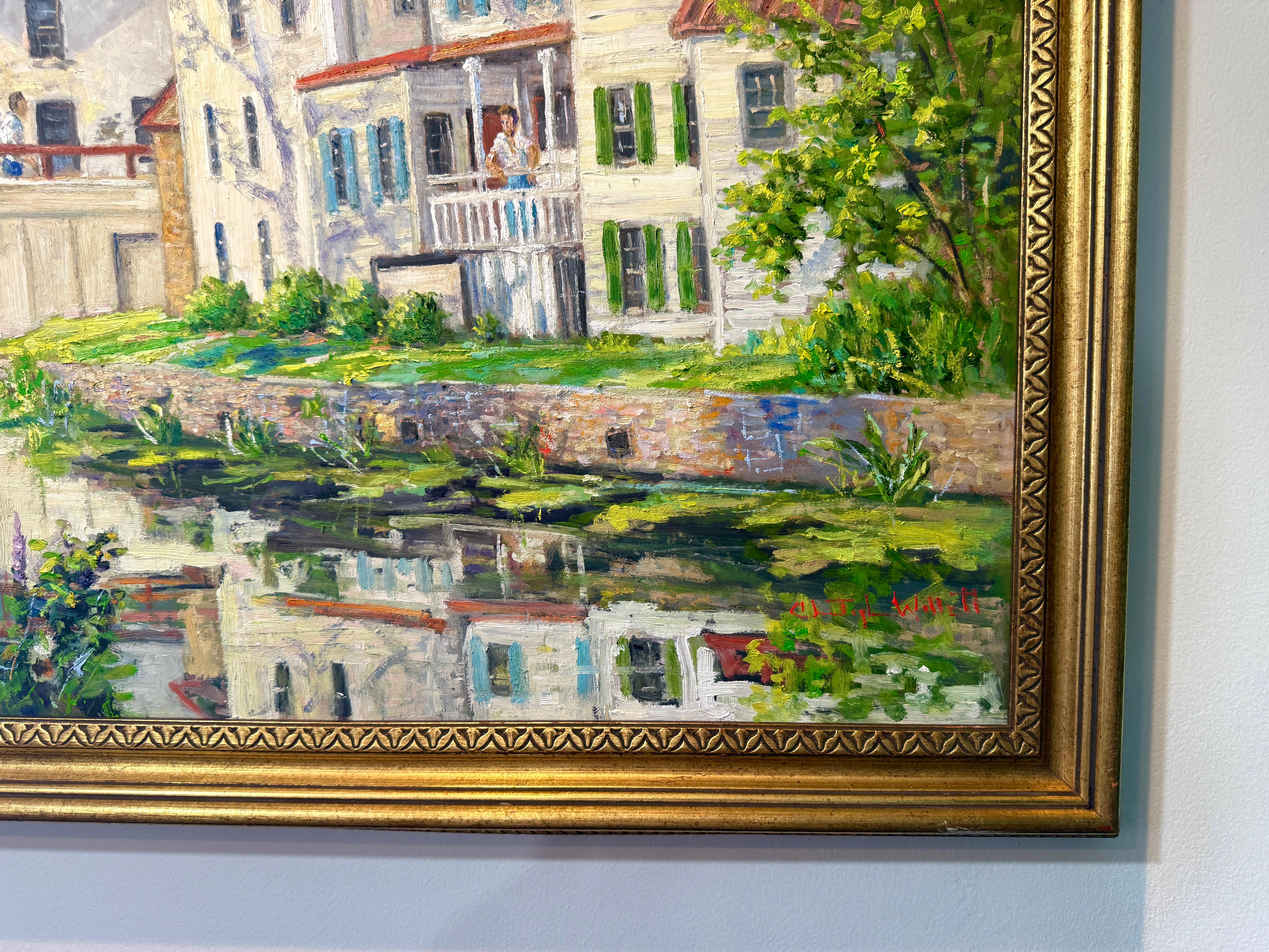 Impressionistisches und malerisches New Hope Pa, ein frischer Morgen auf der Brücke. Darstellung der Brückenstraße in voller Blüte! Das Wasser strömt friedlich vorbei, während die Besucher den schönen Tag in Bucks County genießen. Willett, ein