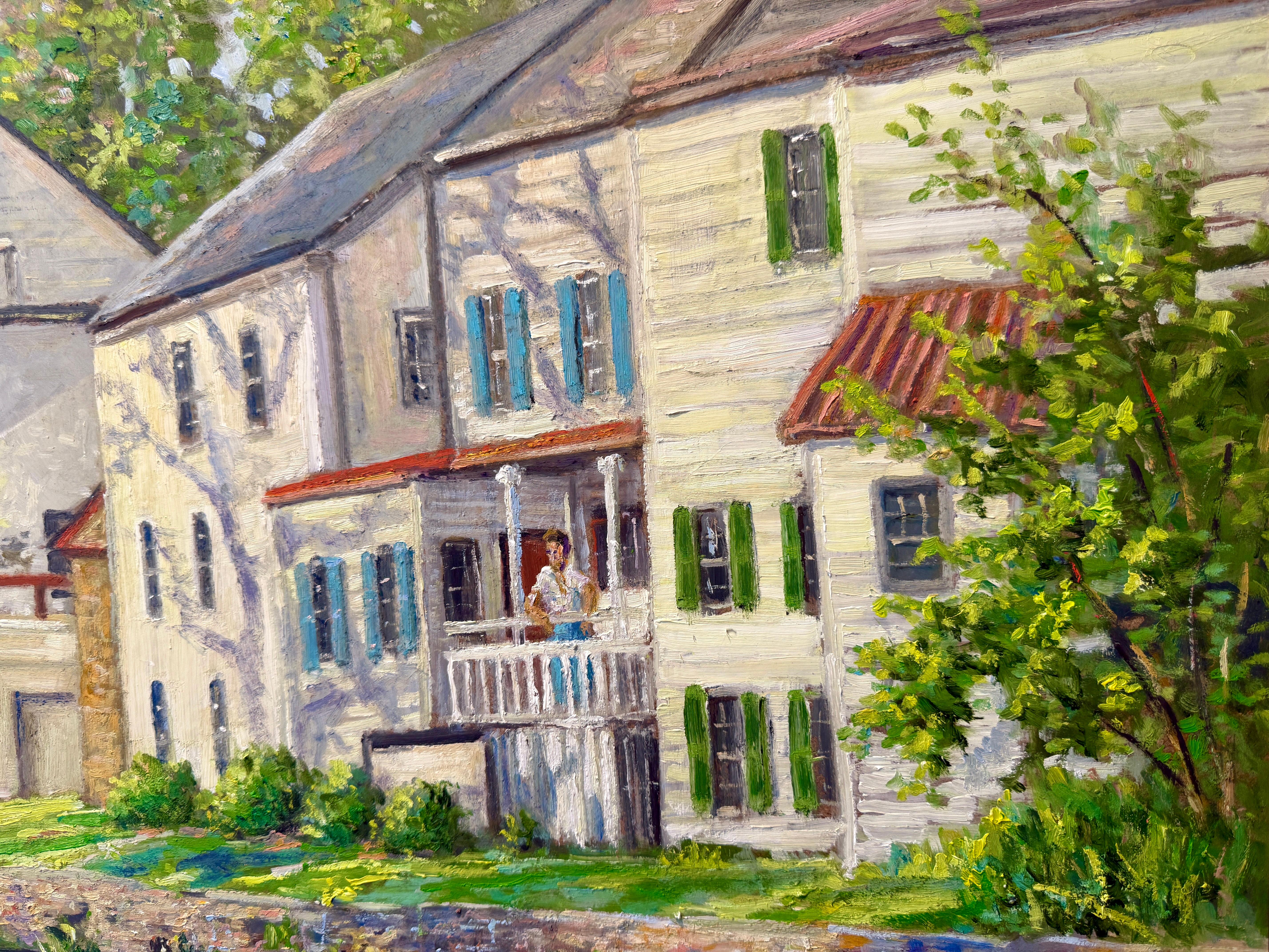 Bridge Street New Hope Bucks County Fluss Christopher Willett Szene Ölgemälde (Amerikanische Klassik) im Angebot