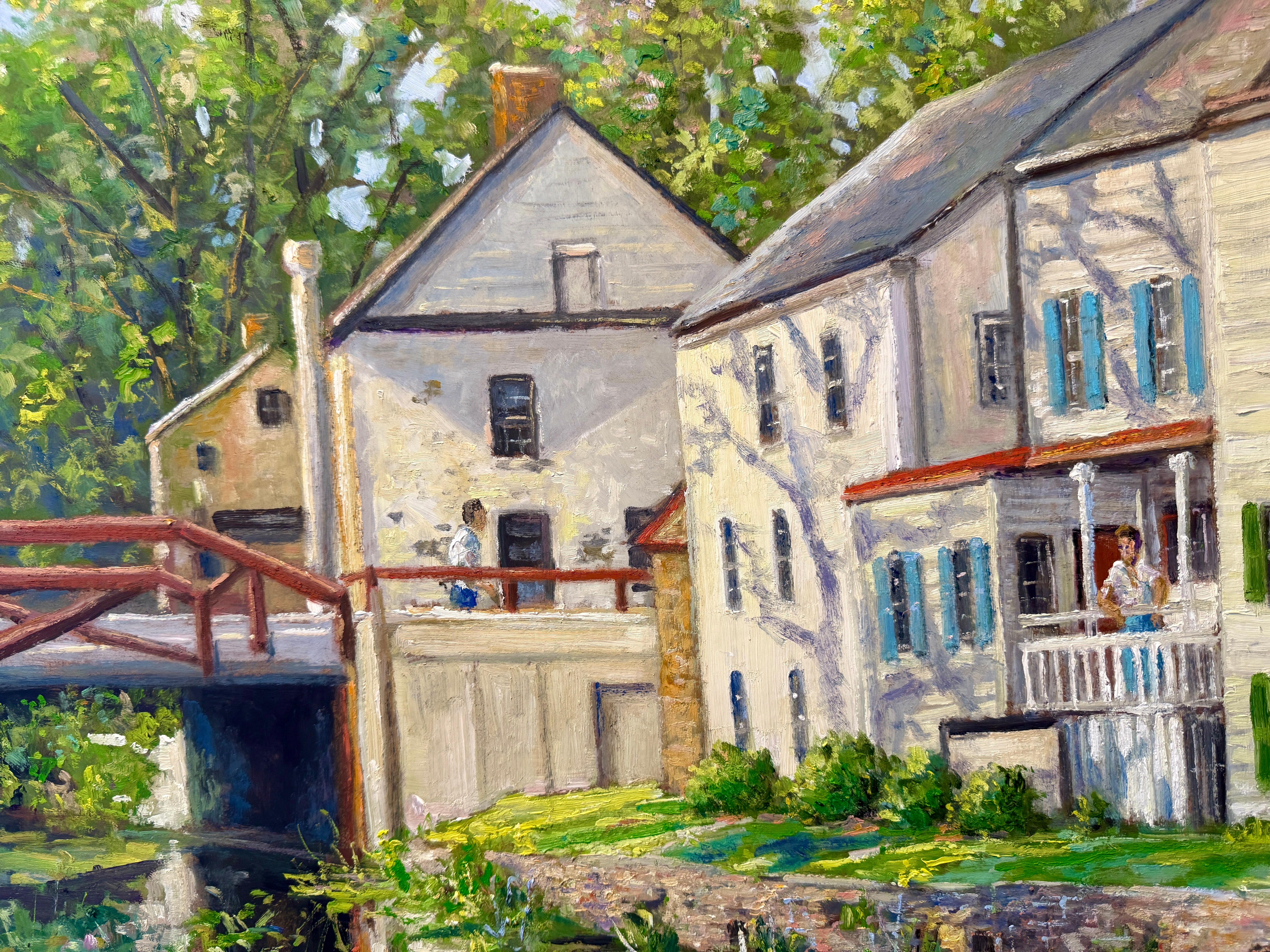 Bridge Street New Hope Bucks County Fluss Christopher Willett Szene Ölgemälde (amerikanisch) im Angebot