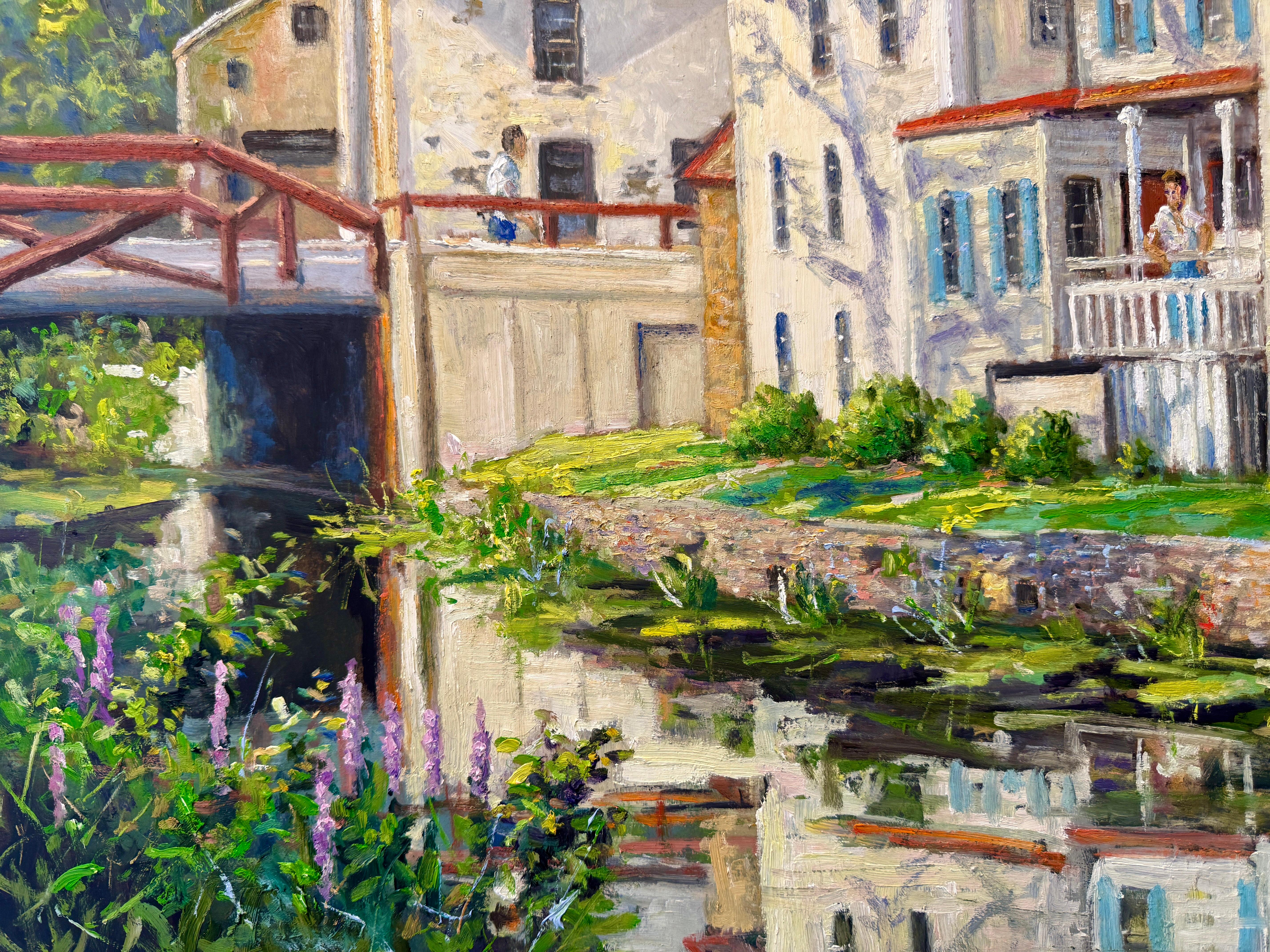 Bridge Street New Hope Bucks County Fluss Christopher Willett Szene Ölgemälde (Geölt) im Angebot