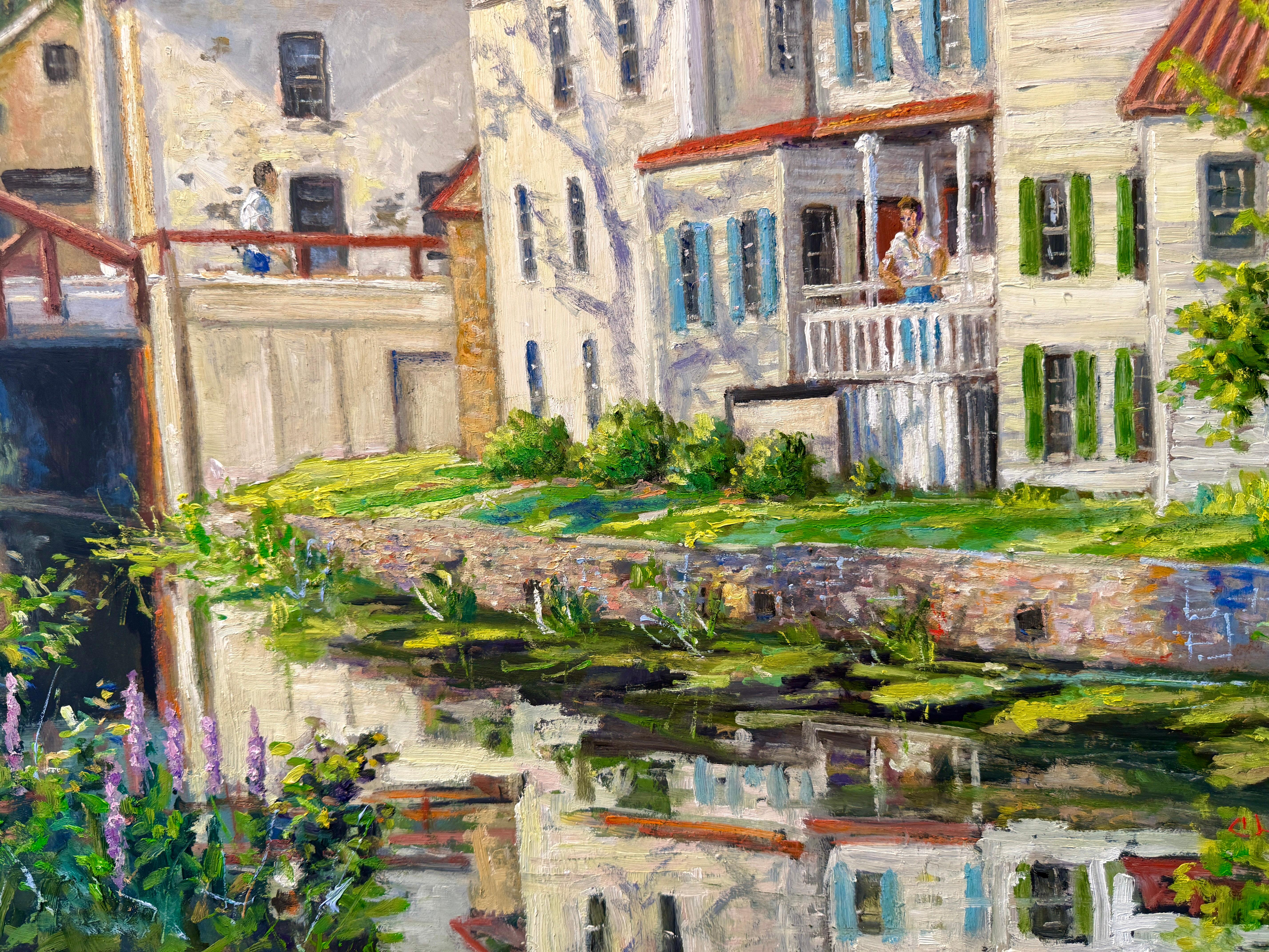 Bridge Street New Hope Bucks County Fluss Christopher Willett Szene Ölgemälde im Zustand „Hervorragend“ im Angebot in Philadelphia, PA