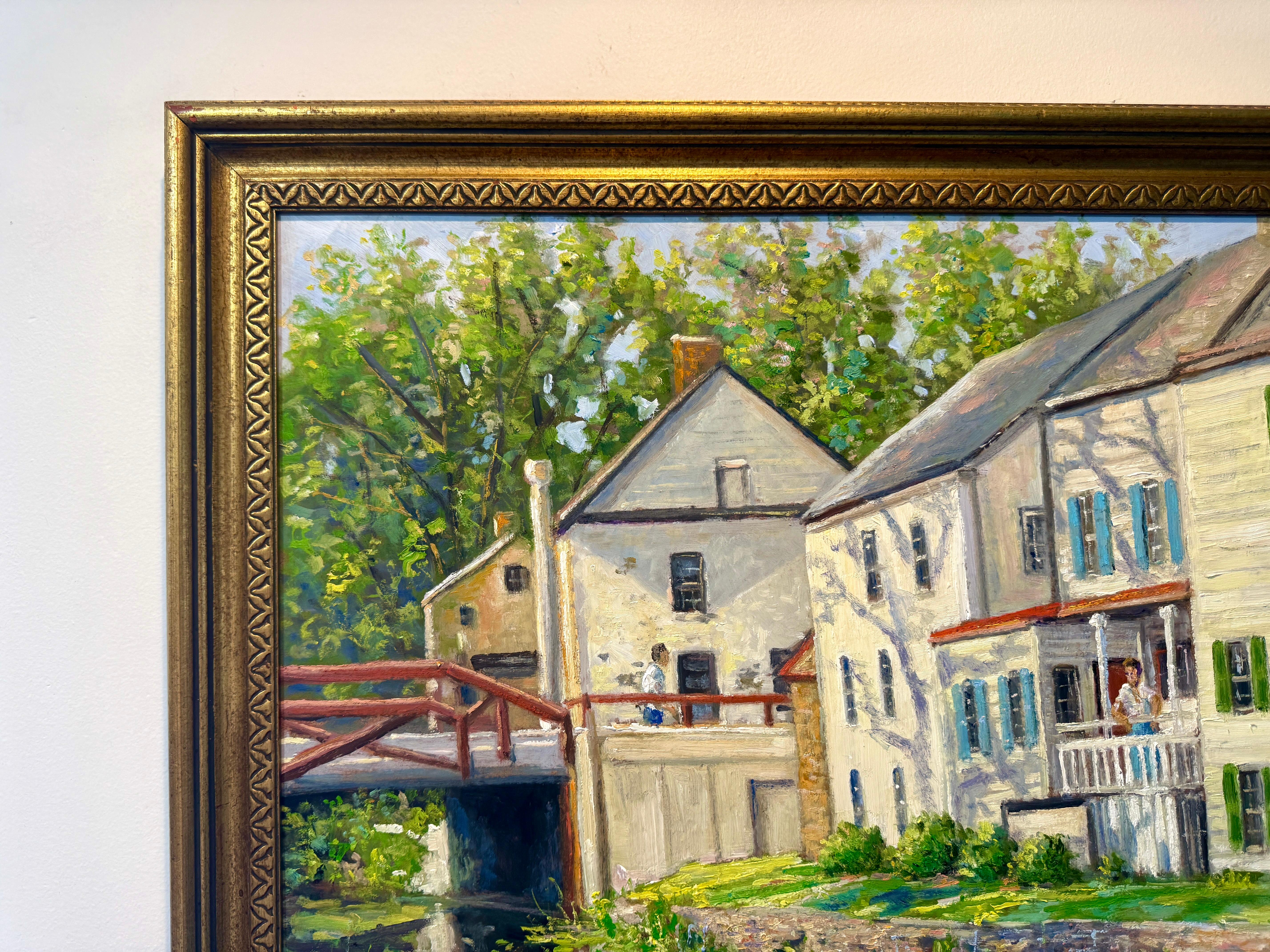 Bridge Street New Hope Bucks County Fluss Christopher Willett Szene Ölgemälde (20. Jahrhundert) im Angebot
