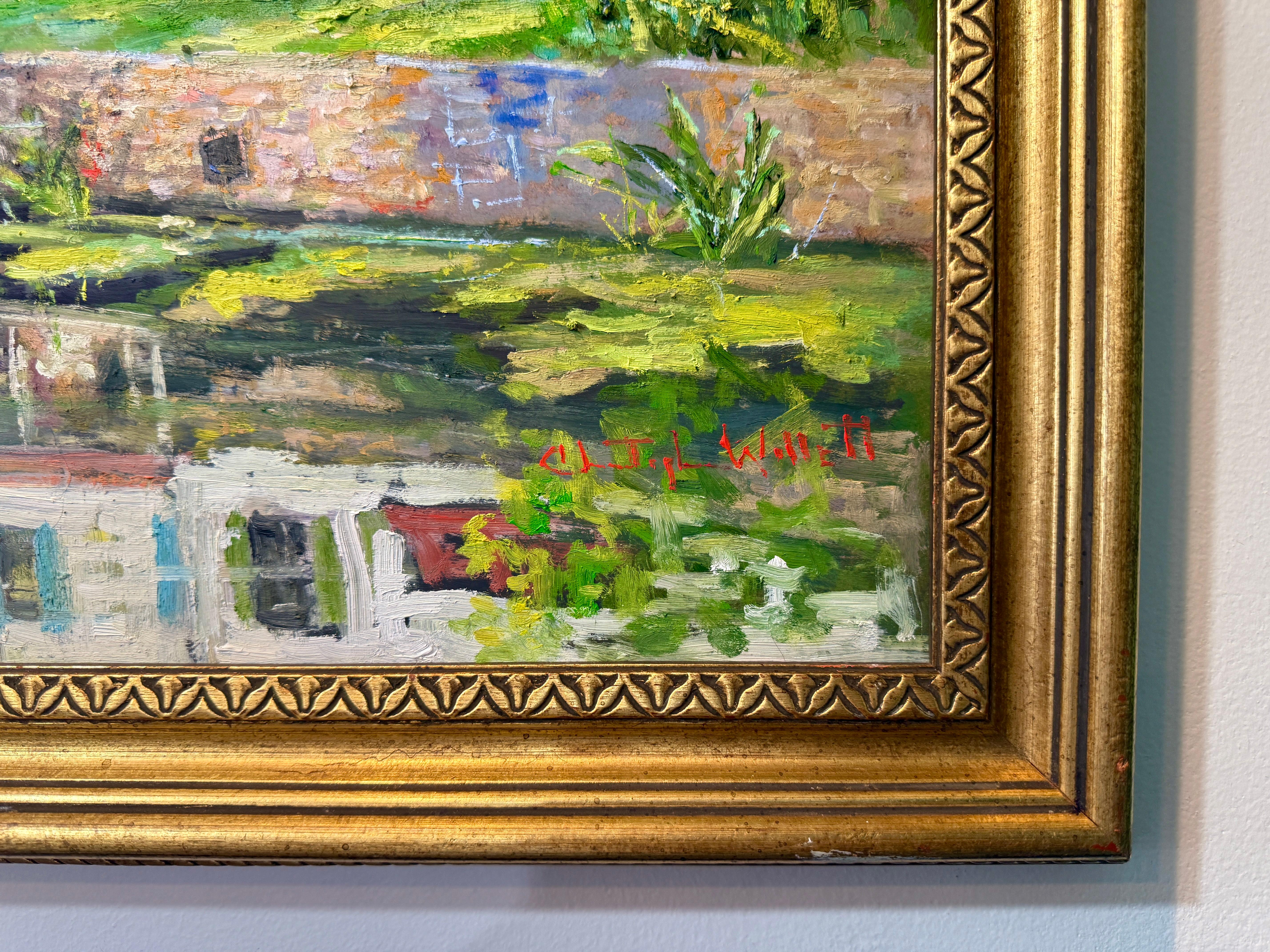 Bridge Street New Hope Bucks County Fluss Christopher Willett Szene Ölgemälde (Holz) im Angebot