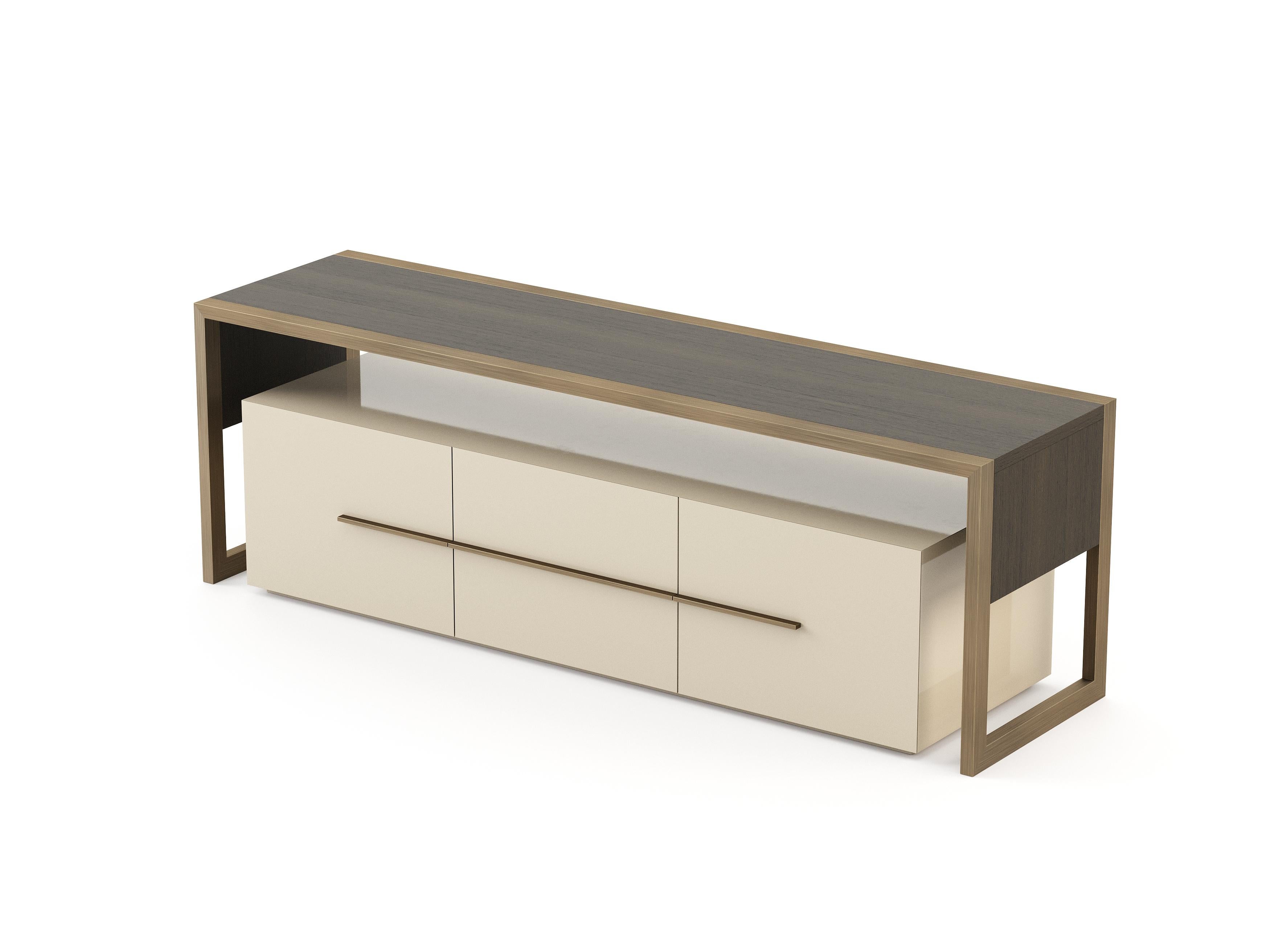 Portuguese Modern Bridge Tv Cabinet made with Walnut, Brass and lacquer, handmade For Sale
