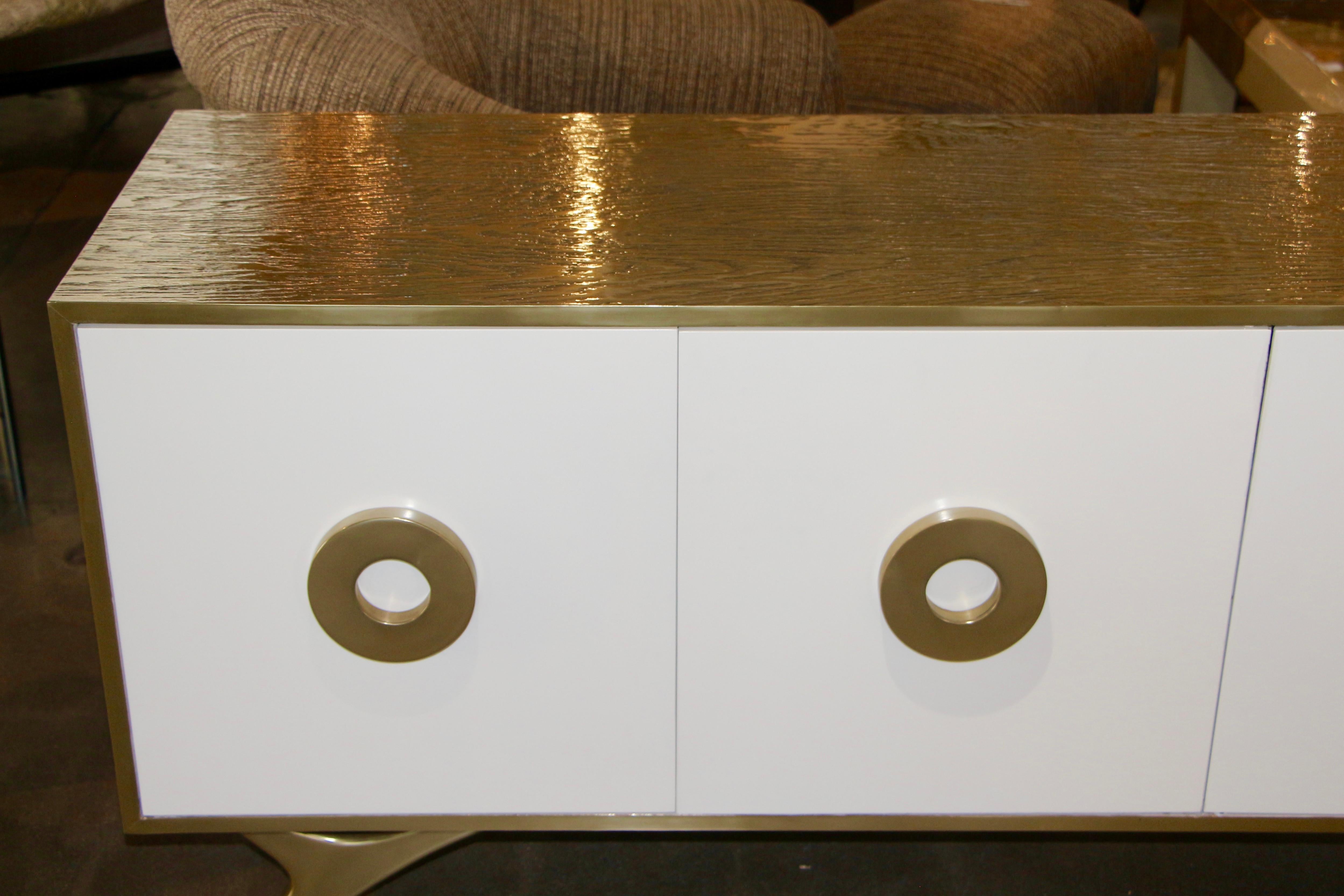 Bridges over Time Originals Custom Prototype Cerused Oak Brass Lacquer Credenza In Good Condition In Palm Springs, CA