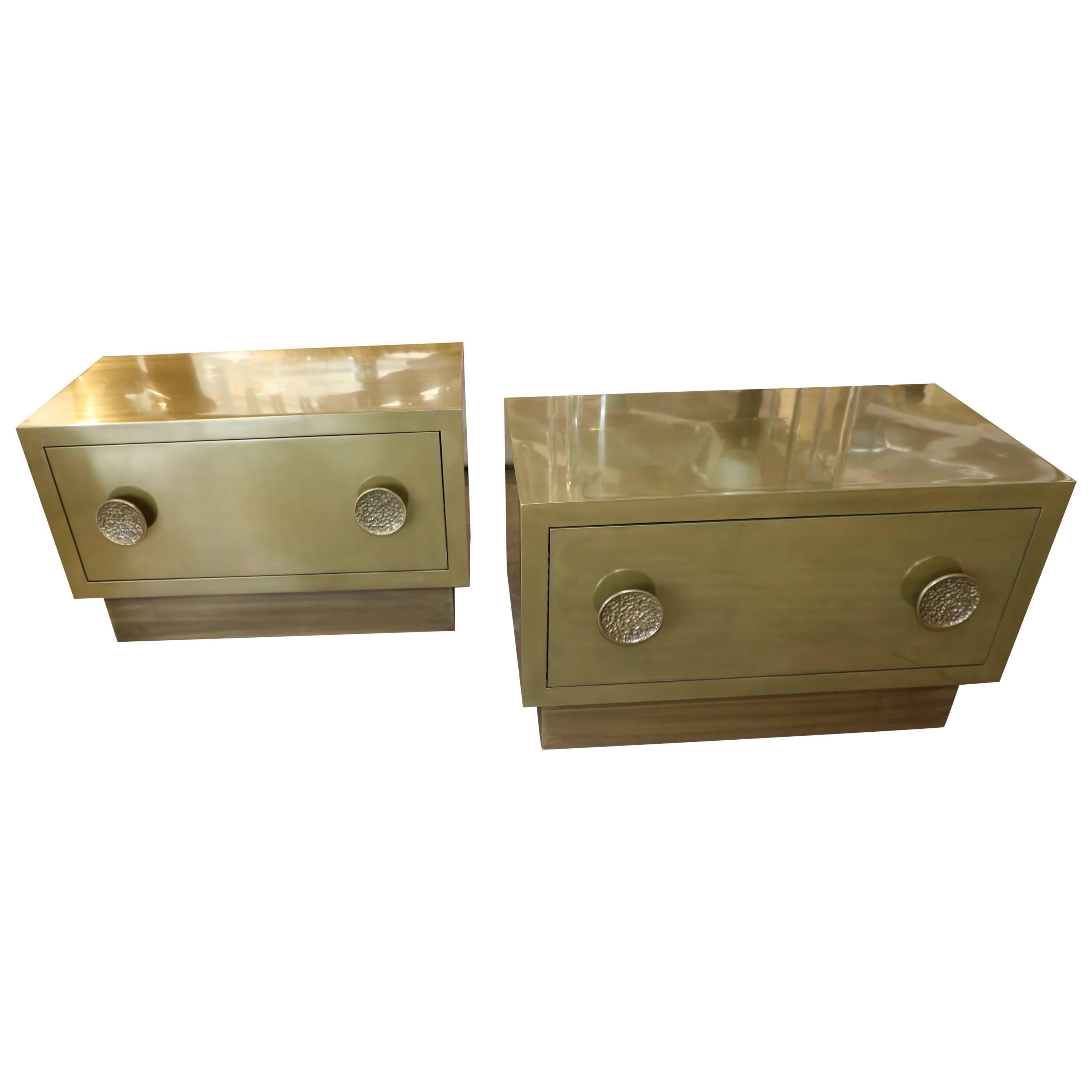 A nice pair of bridges over time originals one drawer chests. These are great as nightstands, chests or end tables. They are custom-made to order out of oak and coated in a brass bronze mix. The pulls are great cast in resin from a mold from