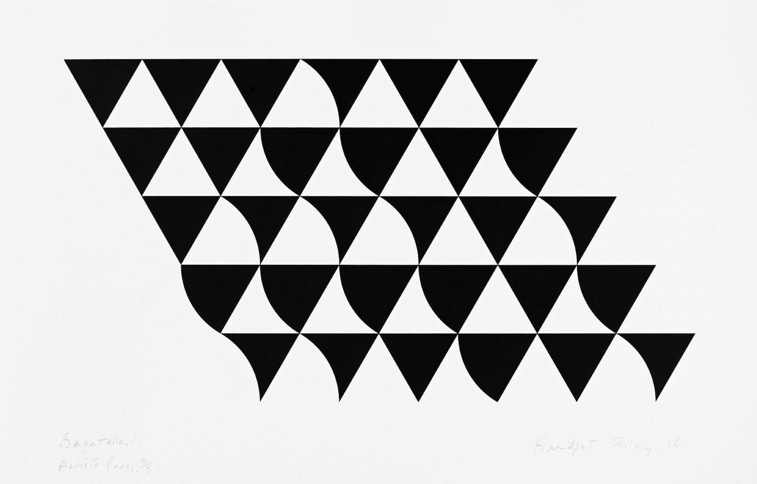 BRIDGET RILEY
Bagatelle 1, 2015

Screenprint, on wove
Signed, titled, dated and numbered from the edition of 75
Published by the artist
Image: 36.0 × 71.0 cm (14.1 × 28.0 in)
Sheet: 52.5 × 82.0 cm (20.6 × 32.3 in)

 
BRIDGET RILEY
Bagatelle 2,