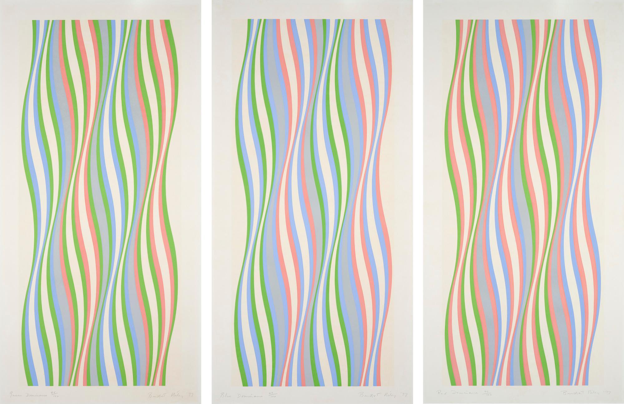 Bridget Riley -- Green Dominance, Blue Dominance, Red Dominance