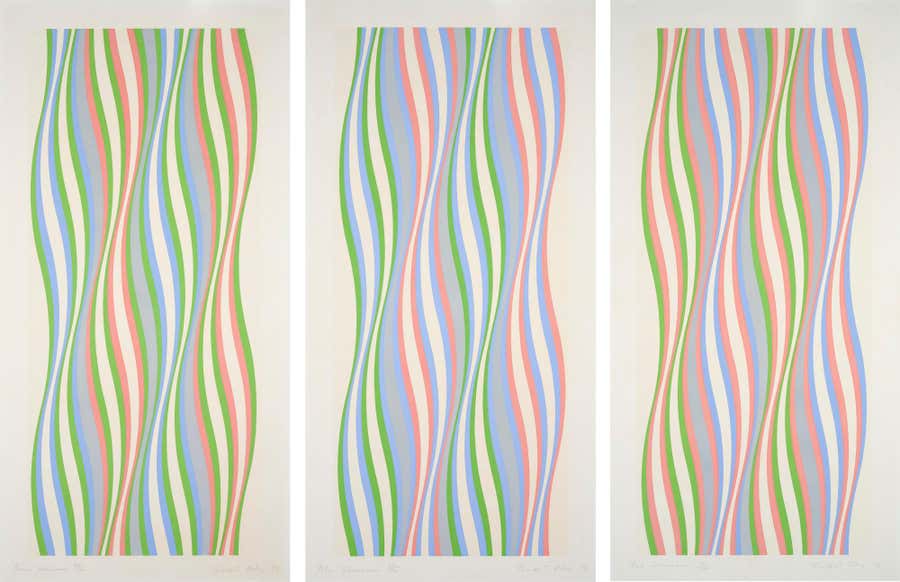 Bridget Riley -- Green Dominance, Blue Dominance, Red Dominance