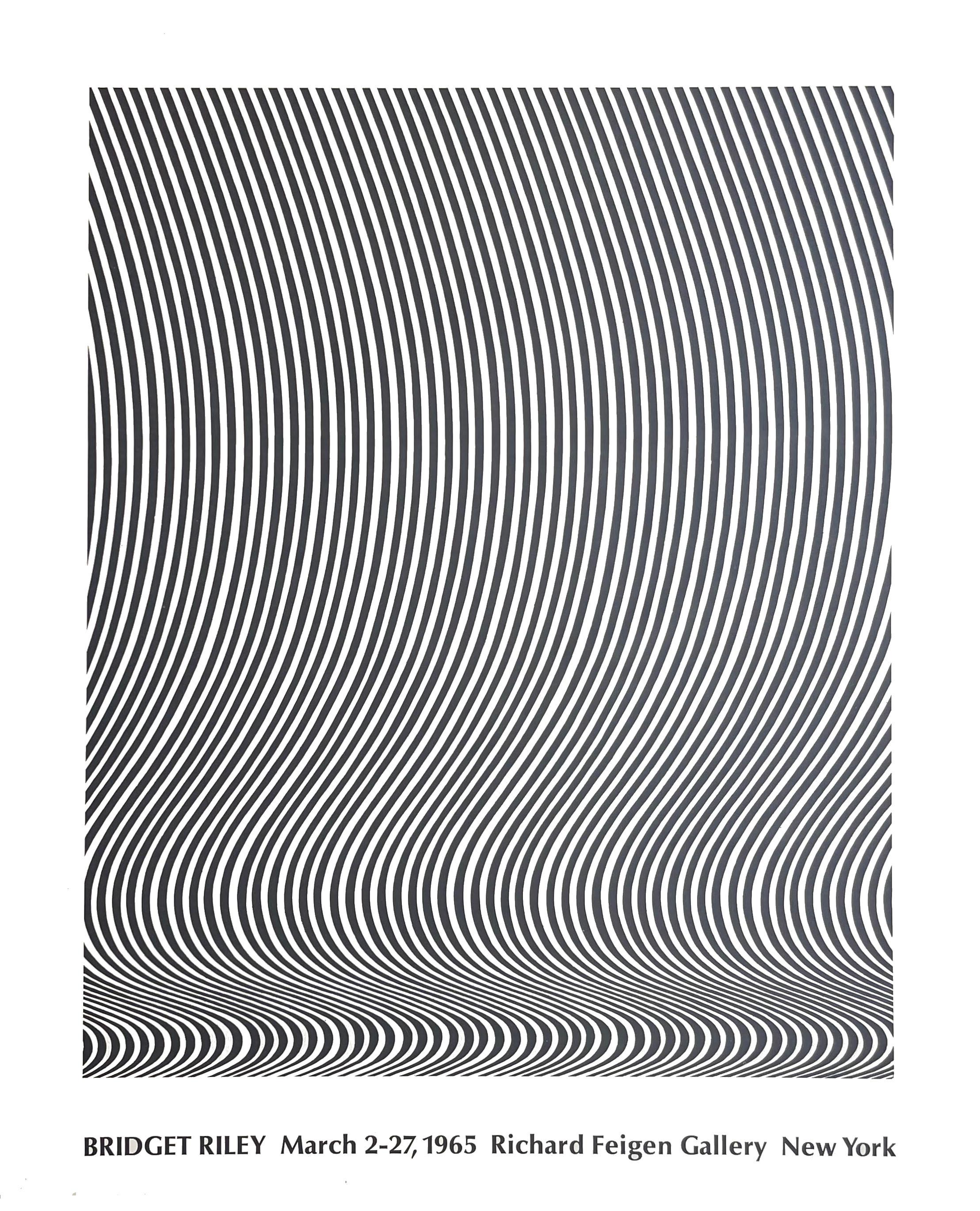 Bridget Riley
Cartel Op Art 1965 de la Galería Richard Feigen, 1965
Cartel litografía offset
Edición limitada de aprox. 300 ejemplares (sin numerar) 
21 × 17 pulgadas
Sin enmarcar
Rarísimo póster temprano de Bridget Riley de la Galería Richard