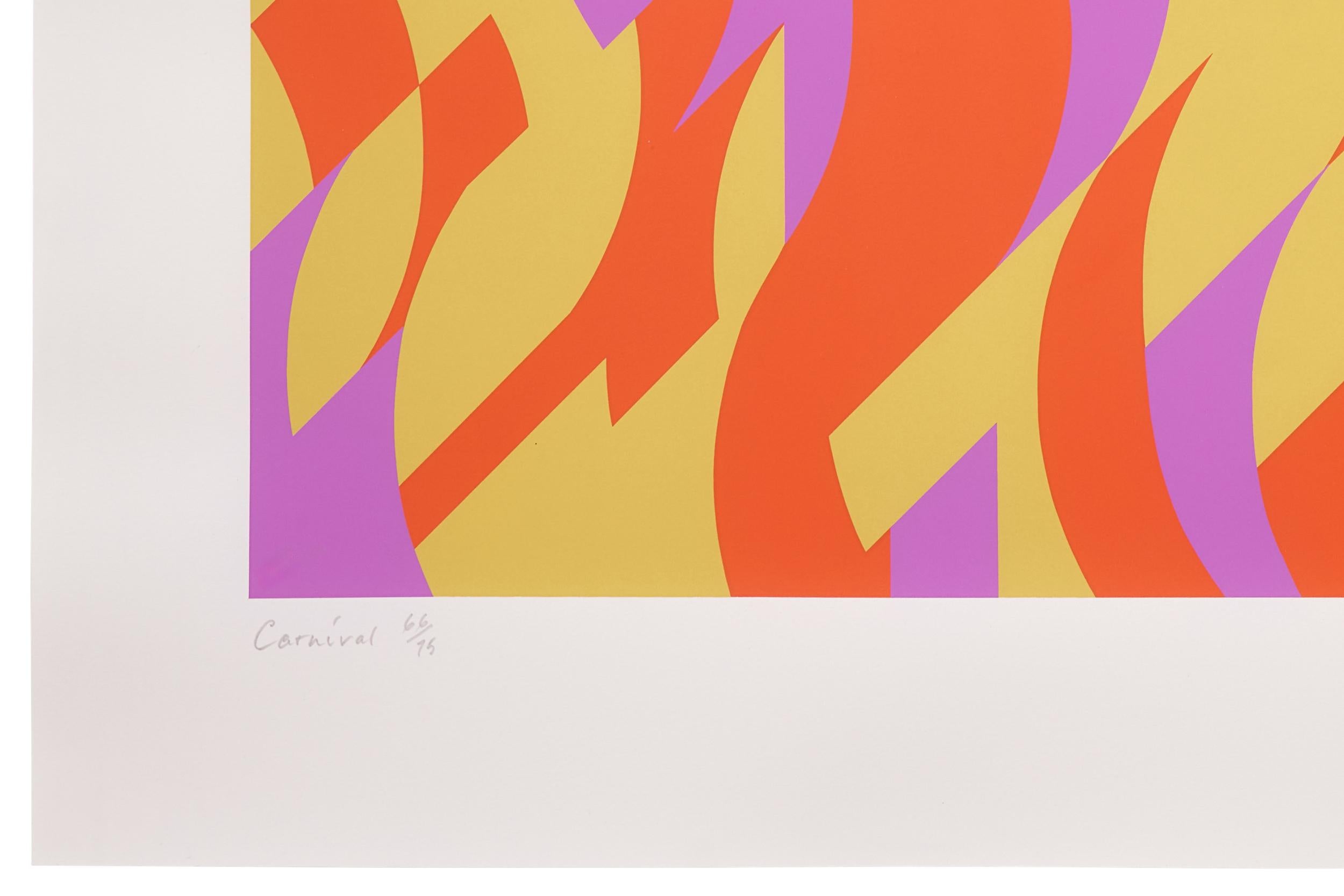 Carnival, 2000
Bridget Riley

Sscreenprint in colours, on wove paper
Signed, dated, titled and numbered from the edition of 75 (plus 10 artist's proof)
Printed and published by Artizan Editions, Hove
Image: 55.7 × 75.9 cm (22 × 29.9 in)
Sheet: 73 ×