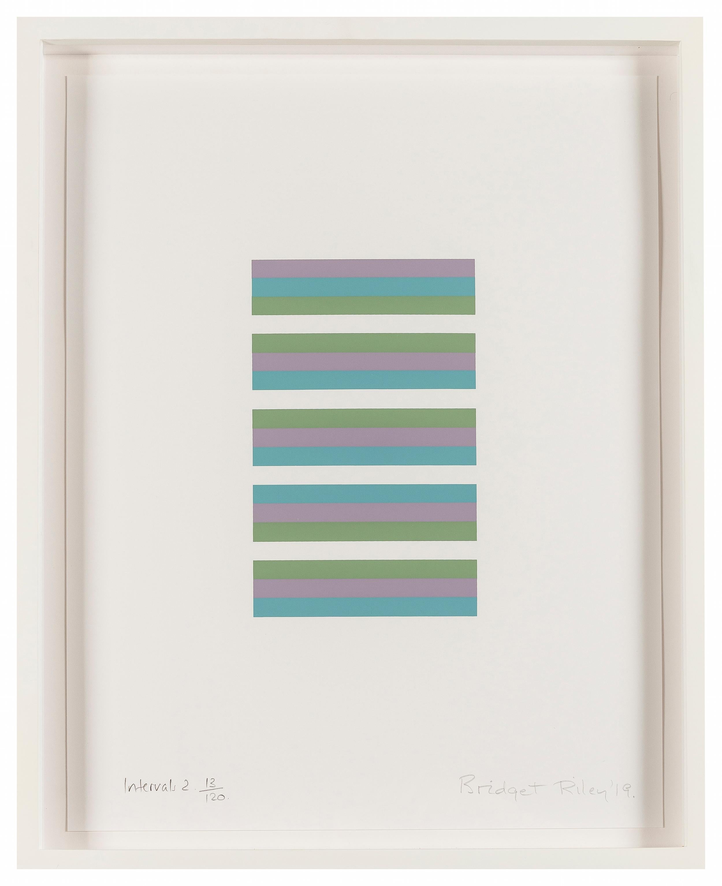 BRIDGET RILEY
Intervals 2, 2019

Screenprint in colours, on white wove paper
Signed, titled, dated and numbered from the edition of 120
Image: 24.2 x 15.3 cm (9.5 x 6.0 in)
Sheet: 51.2 × 40.6 cm (20.1 x 15.9 in)