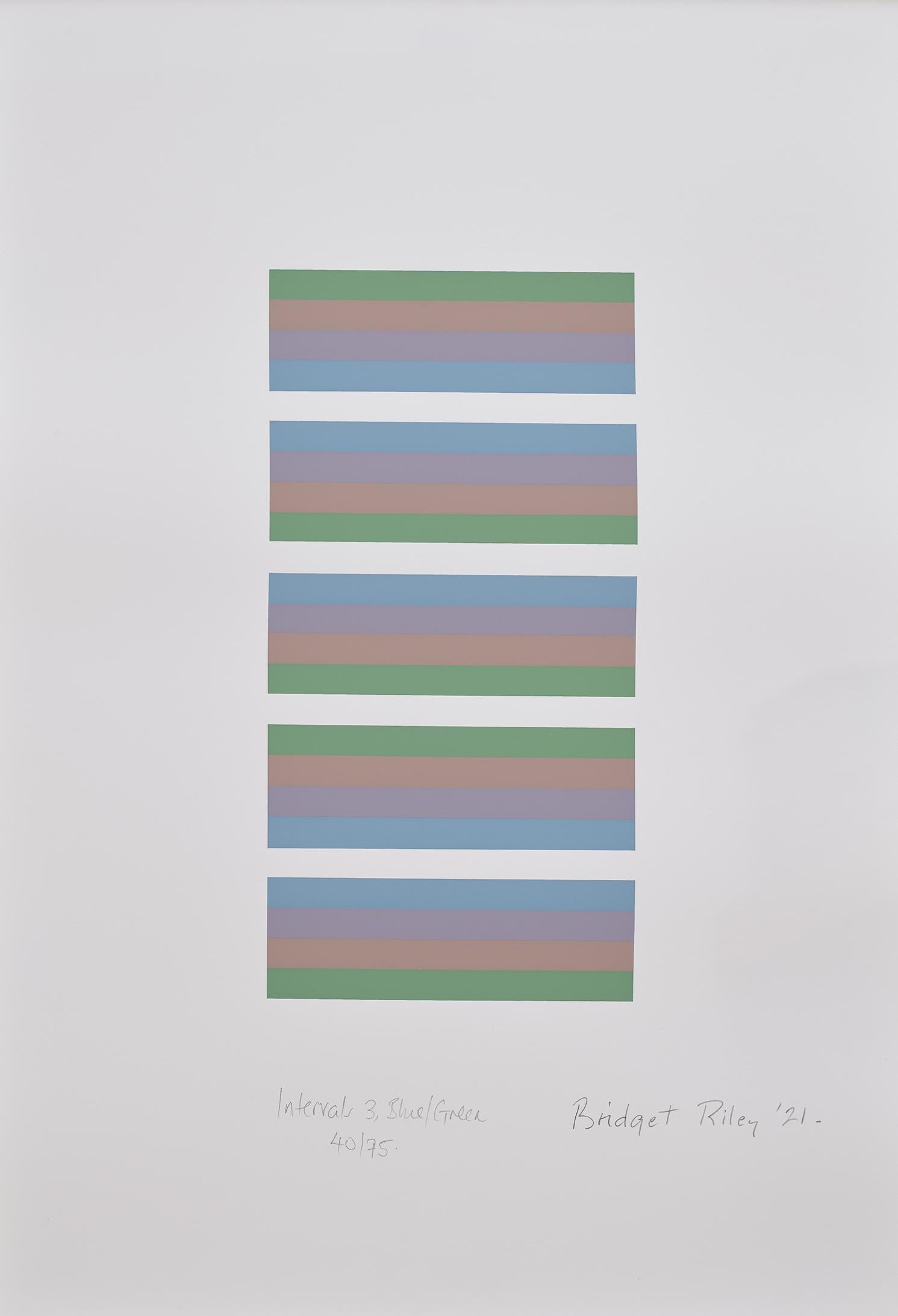 Intervalli 3: Blu/Verde -- Strisce, motivi, Op Art di Brigdet Riley - Print di Bridget Riley