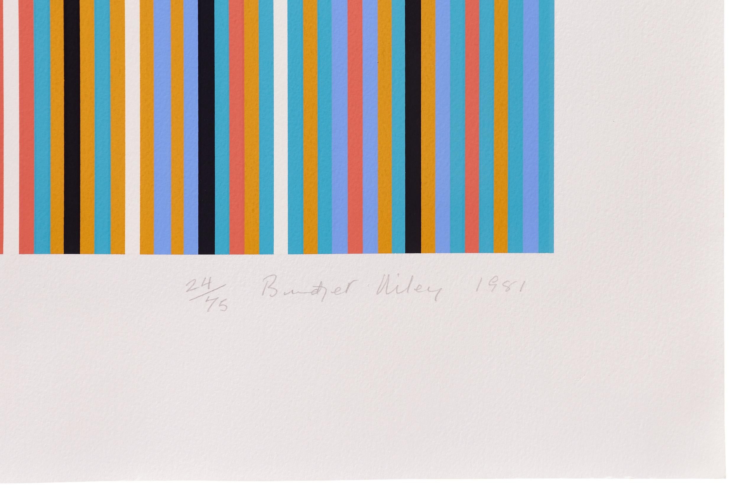 RA 2, 1981
Bridget Riley

Screenprint in colours, on wove
Signed, dated, titled, annotated, numbered from the edition of 75
Printed by Artizan Editions, Hove
Image: 87.2 × 76.4 cm (34.3 × 30.1 in)
Sheet: 106.6 × 93.2 cm (42 × 36.7 in)
Literature: