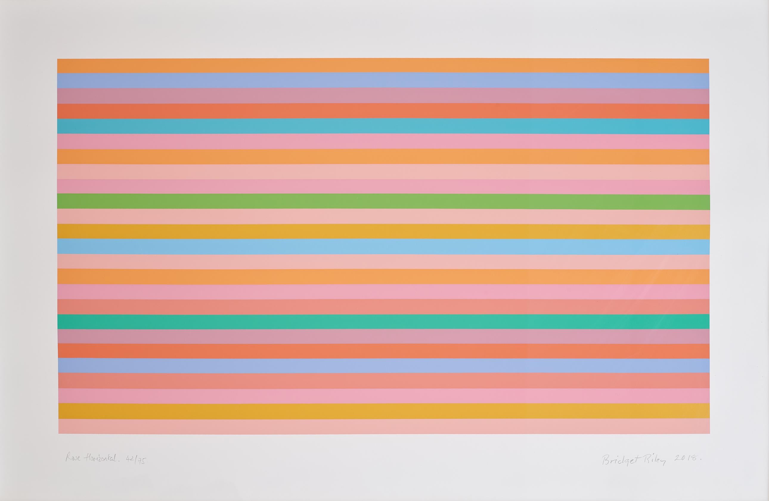 BRIDGET RILEY
Rosa orizzontale, 2018

Serigrafia a colori su carta Fabriano 5
Firmato, intitolato, datato e numerato da un'edizione di 75 esemplari.
Stampato da Artizan Editions, Forest of Dean
Immagine: 47,7 x 82,3 cm (18,7 x 32,4 pollici)
Foglio: