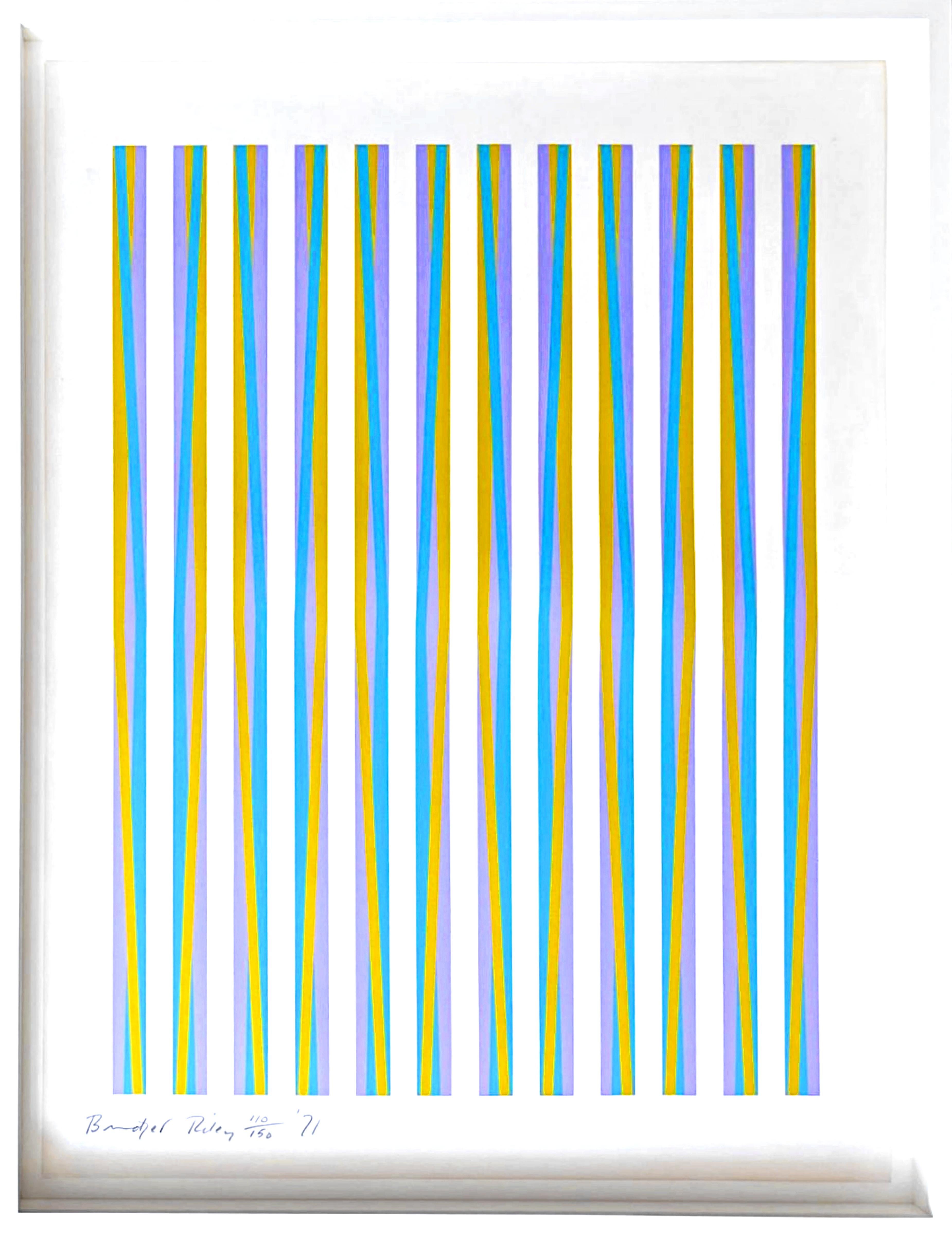 Bridget Riley
Print for The Chicago 8, from Conspiracy: The Artist as Witness (Schubert, 15), 1971
Silkscreen on 100% handmade rag paper
Signed and numbered 110/150 and dated i1971 n graphite on the front also bears the printer's distinctive blind